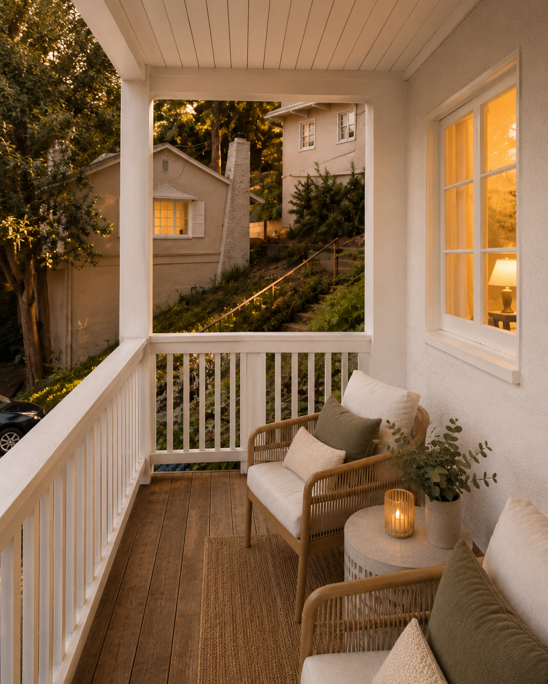 Mill Valley covered porch with white railings, warm window glow, rattan lounge chairs, wood decking, woven rug, greenery, lantern lighting, and redwood hillside views by From David Designs.