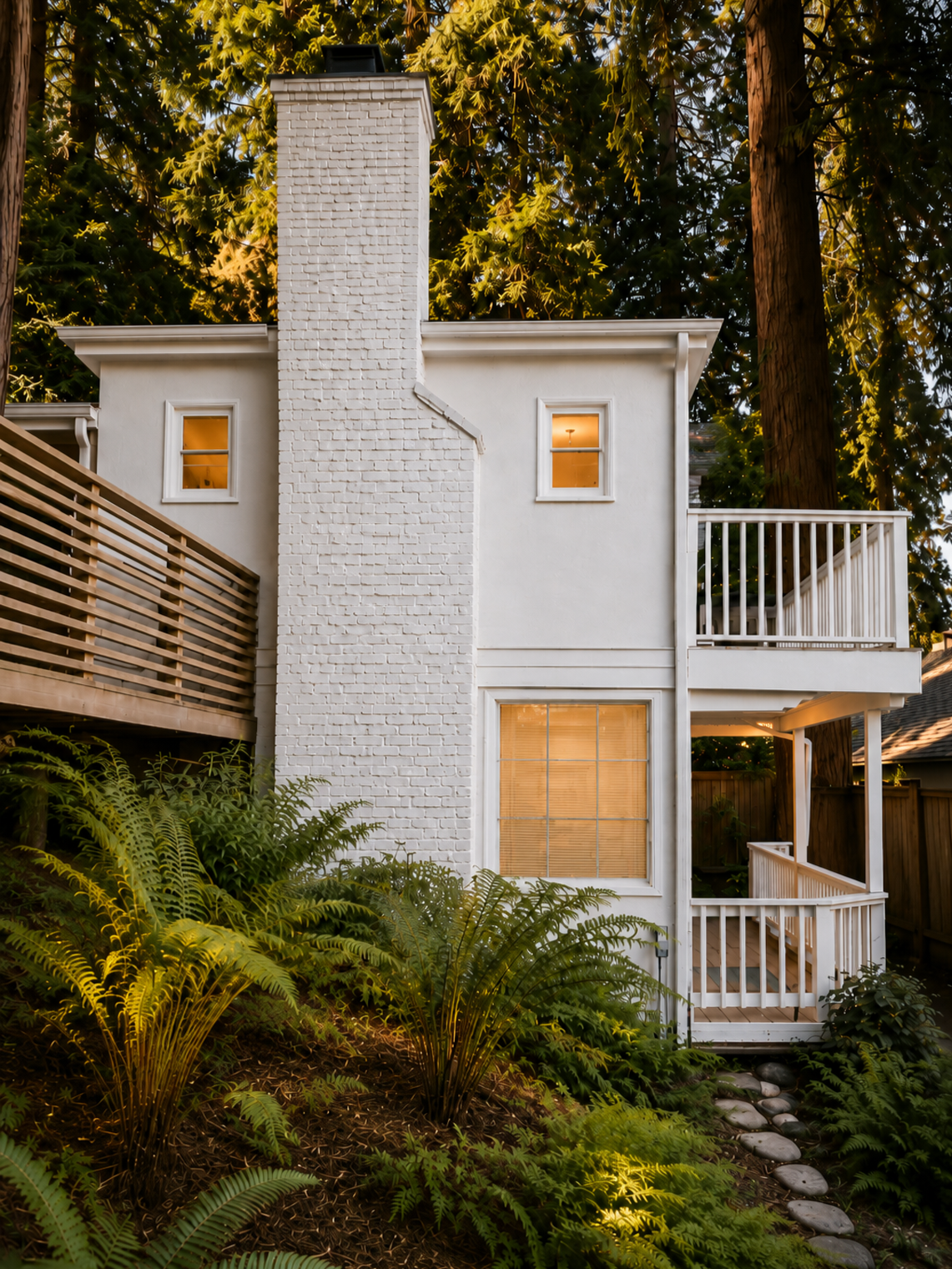 Mill Valley hillside home exterior with white railings, warm glowing windows, stone garden steps, lush greenery, landscape lighting, and redwood forest surroundings by From David Designs.