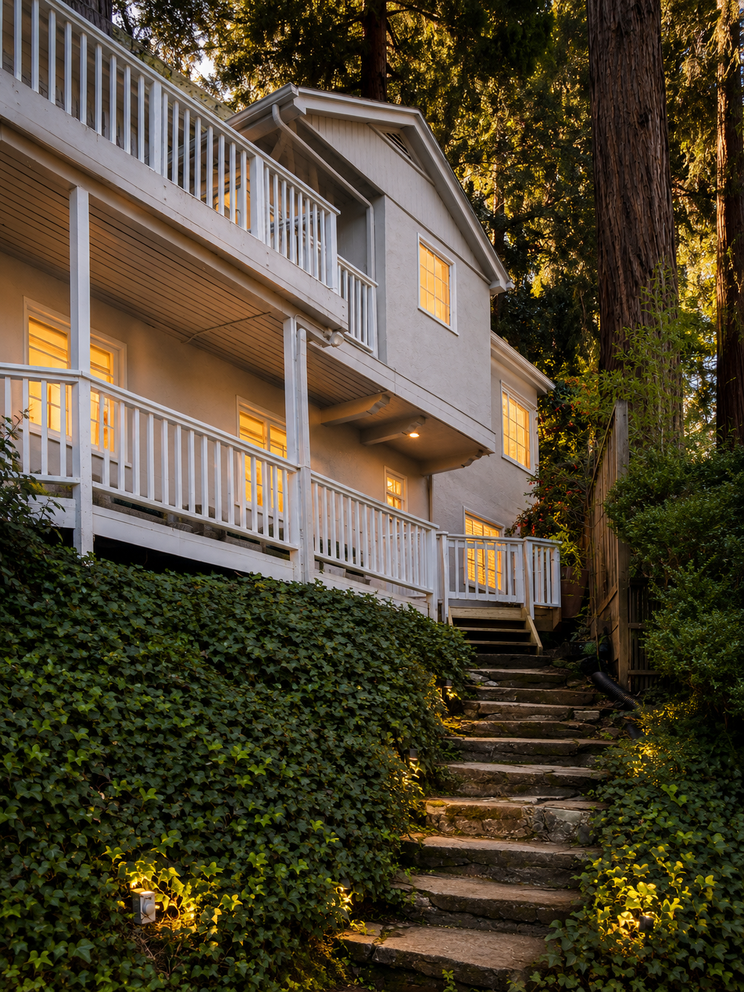 Mill Valley hillside home exterior with white railings, warm glowing windows, stone garden steps, lush greenery, landscape lighting, and redwood forest surroundings by From David Designs.