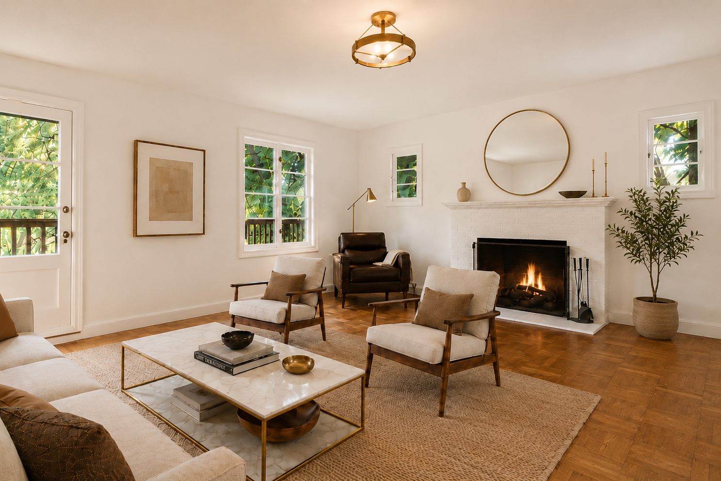 Warm transitional living room with white brick fireplace, round brass mirror, herringbone wood floors, neutral seating, layered textures, and brass lighting by From David Designs.