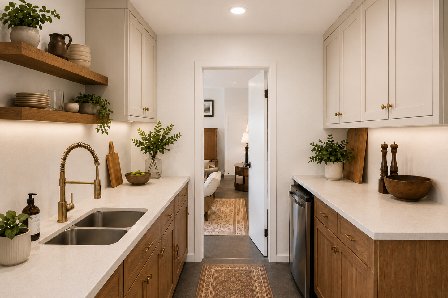 Warm wood kitchenette with brass fixtures, open oak shelves, white countertops, custom cabinetry, under-shelf lighting, vintage runner, and layered decor by From David Designs.