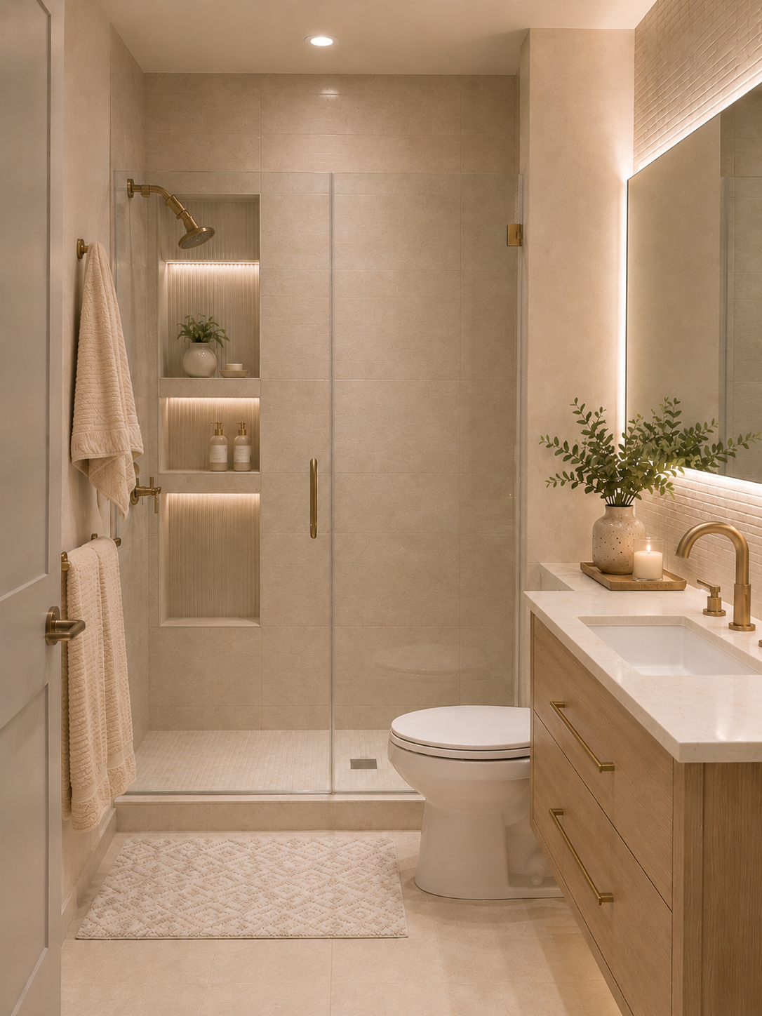 This bathroom renovation combines warm neutral tile, a glass walk-in shower, custom shower niches, an oak vanity, brass fixtures, and a backlit mirror to create a calm, polished, and highly functional space. The design balances soft texture, layered 