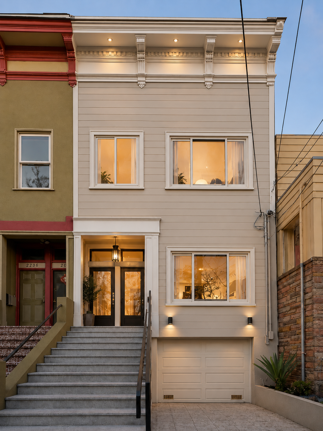 This San Francisco home exterior renovation refreshes a classic urban residence with light horizontal siding, detailed trim, warm exterior lighting, black entry doors, and softly glowing windows. The design balances historic character with a cleaner,