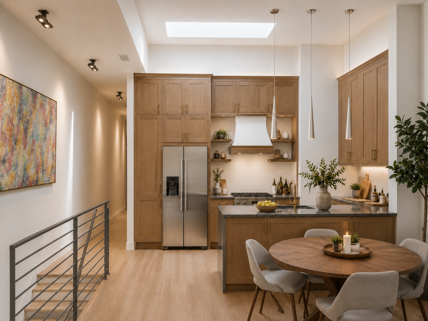 This open concept kitchen and dining design combines warm oak shaker cabinetry, a dark stone island, brass fixtures, slim pendant lights, and a skylight to create a bright and inviting central living space. The design balances tall storage, layered l