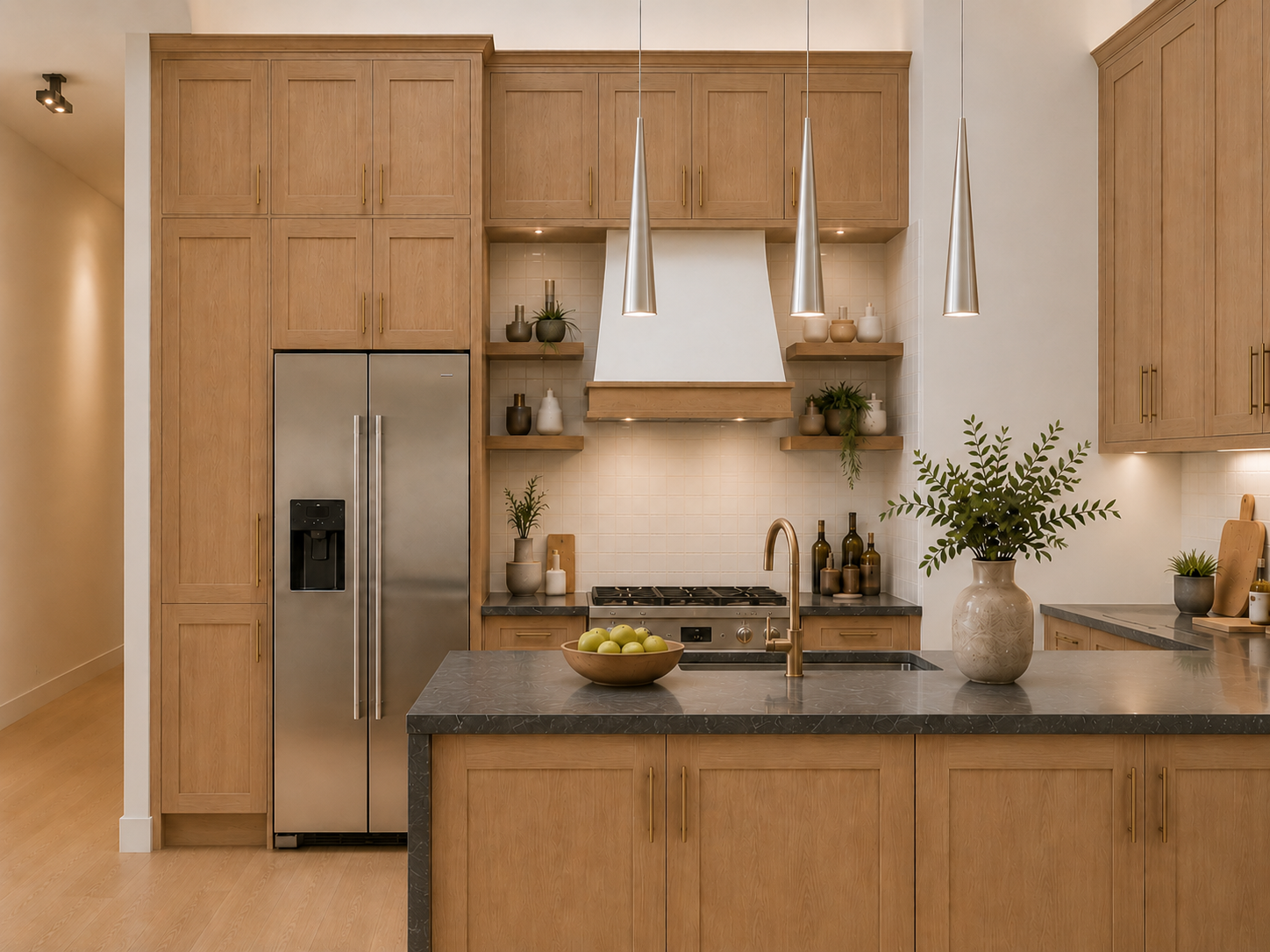 This open concept kitchen and dining design combines warm oak shaker cabinetry, a dark stone island, brass fixtures, slim pendant lights, and a skylight to create a bright and inviting central living space. The design balances tall storage, layered l