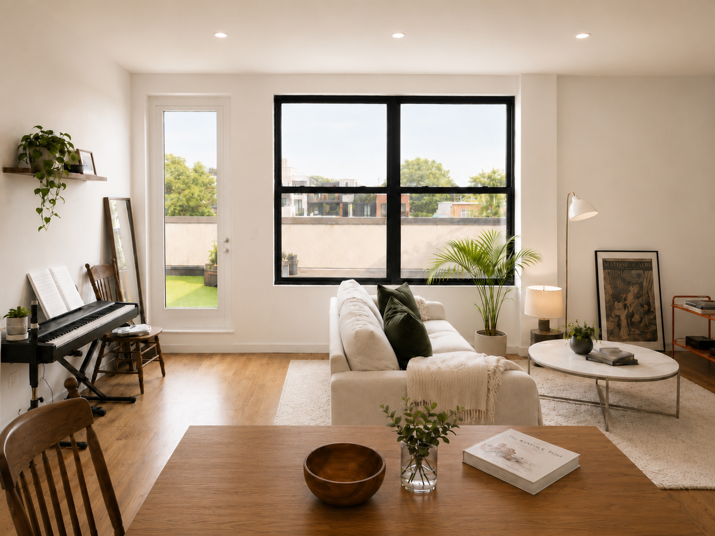 A warm open-plan living and dining room in Bushwick, Brooklyn, designed with walnut wood tones, soft neutrals, black-framed windows, layered plants, and direct roof deck access. Interior design by From David Designs.