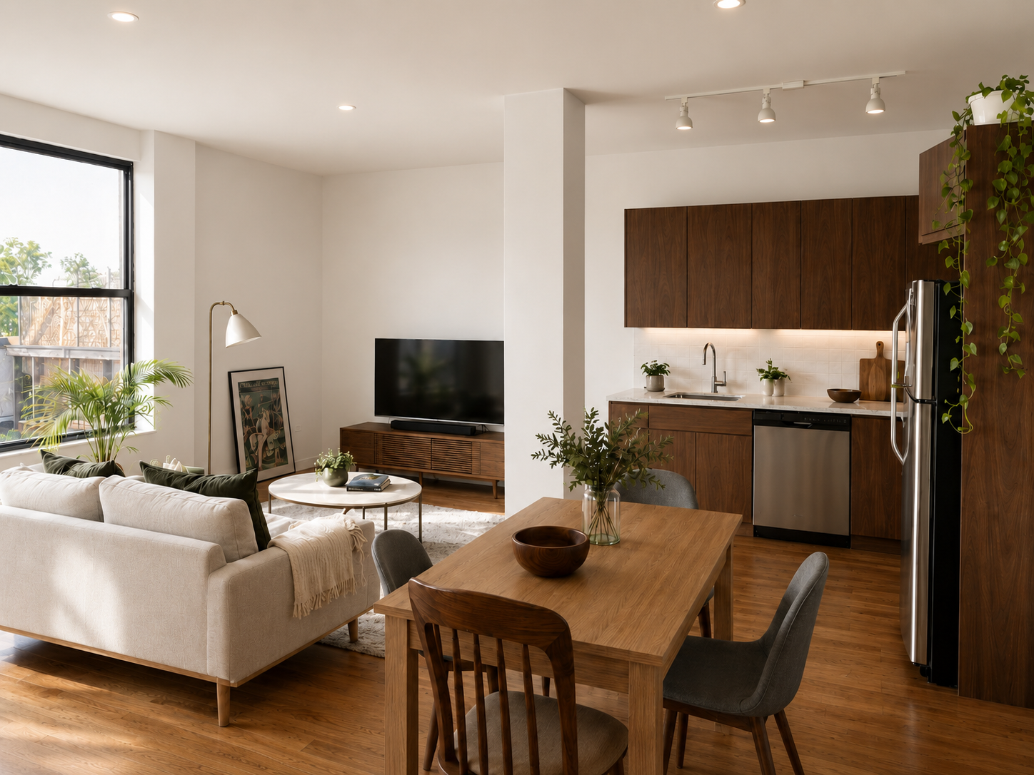 A Bushwick apartment kitchen and living room with walnut cabinetry, white tile backsplash, warm wood floors, neutral furnishings, and indoor plants. A compact open-plan design that feels warm, functional, and connected.