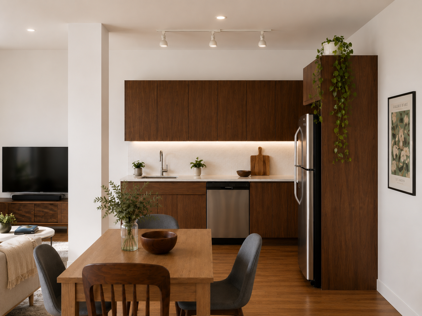 A warm walnut kitchen and dining area in a Bushwick, Brooklyn apartment featuring flat-panel cabinetry, white tile, integrated lighting, plants, and a natural wood dining table. Residential interior design by From David Designs.