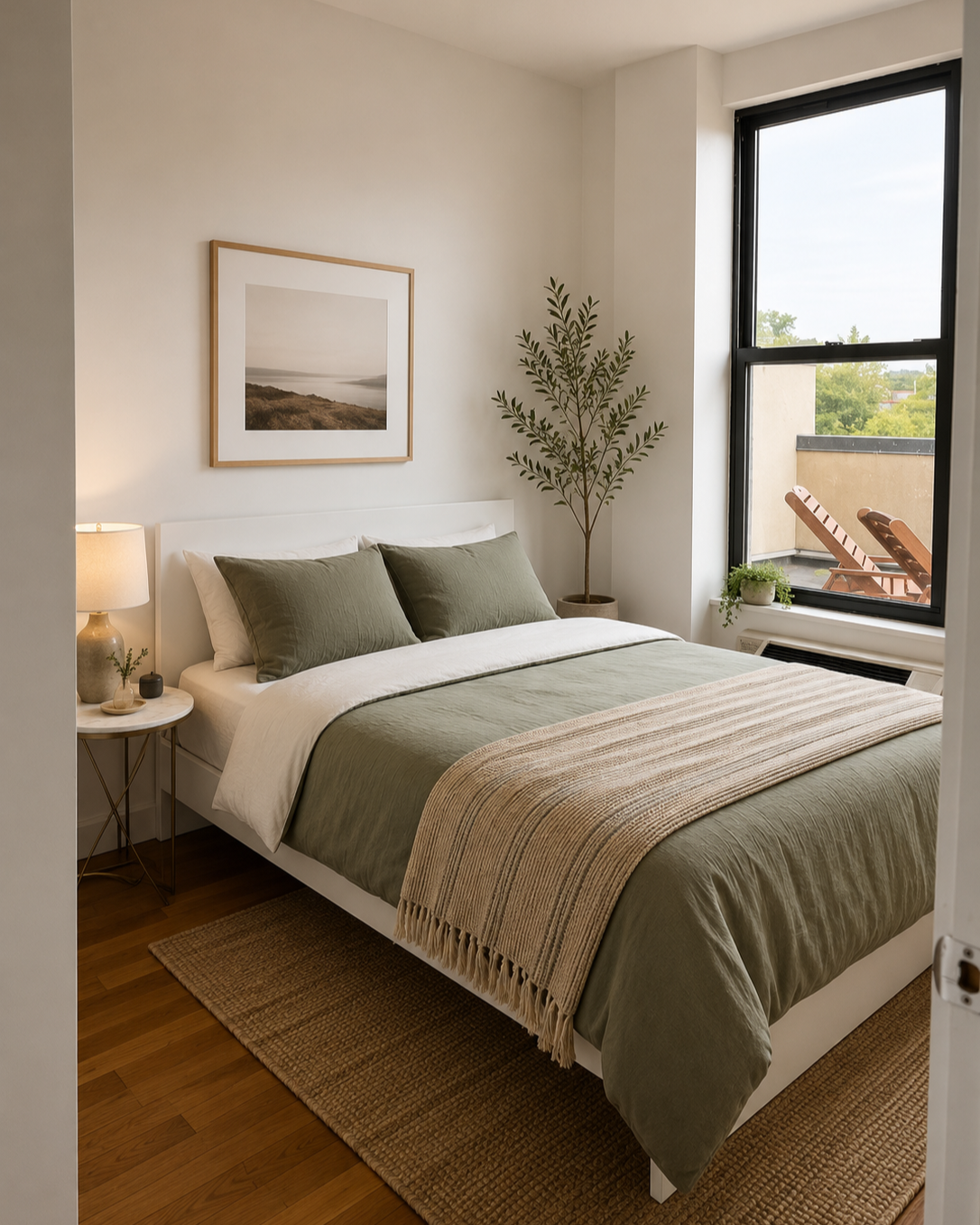 A calm Bushwick bedroom with sage green bedding, warm wood floors, natural textures, soft lighting, and a minimal framed landscape print. A cozy, grounded bedroom design for a Brooklyn apartment renovation.