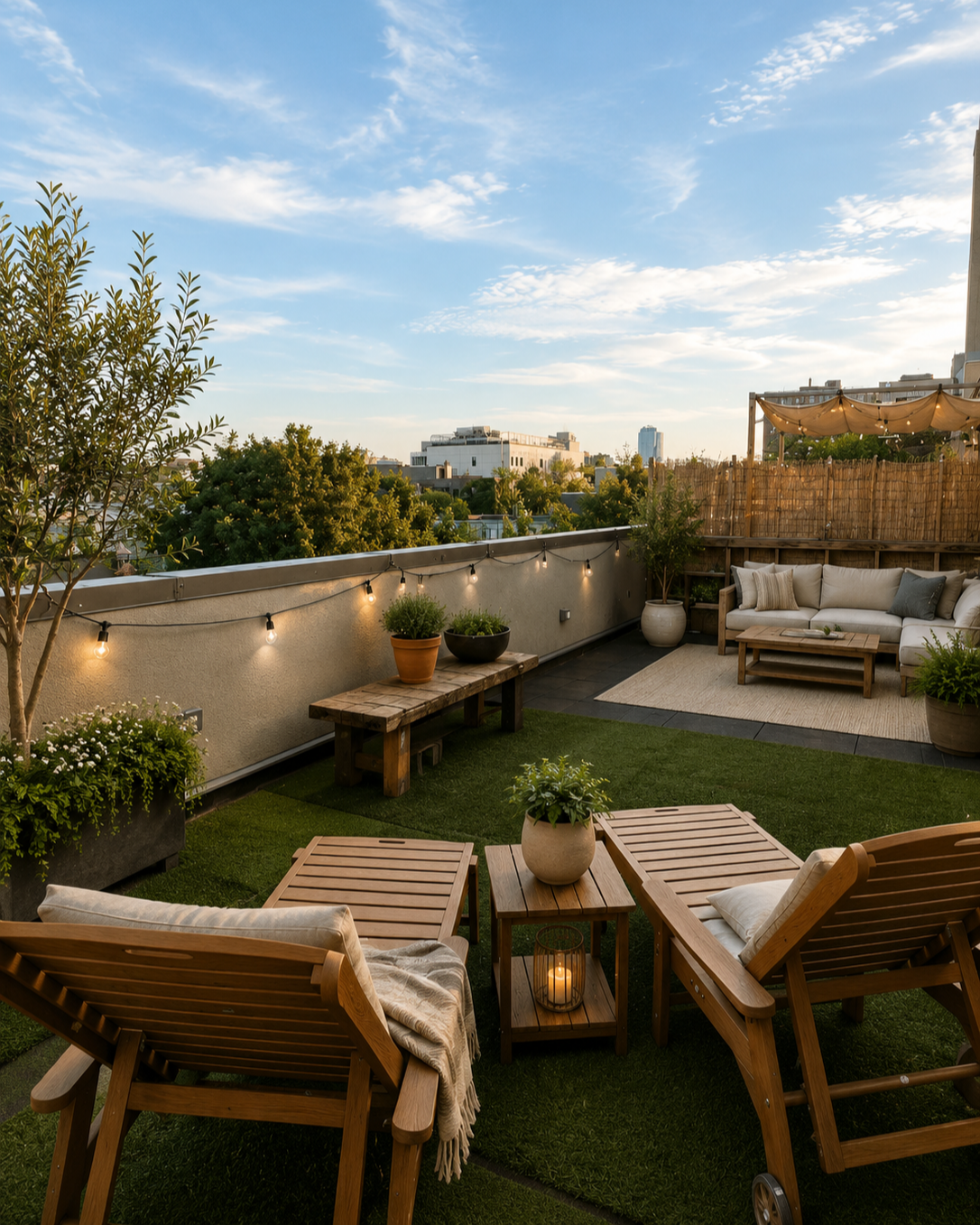 A relaxed rooftop terrace in Bushwick with lounge chairs, greenery, string lights, and warm sunset views over Brooklyn. A layered outdoor space designed for gathering, relaxing, and indoor-outdoor living.