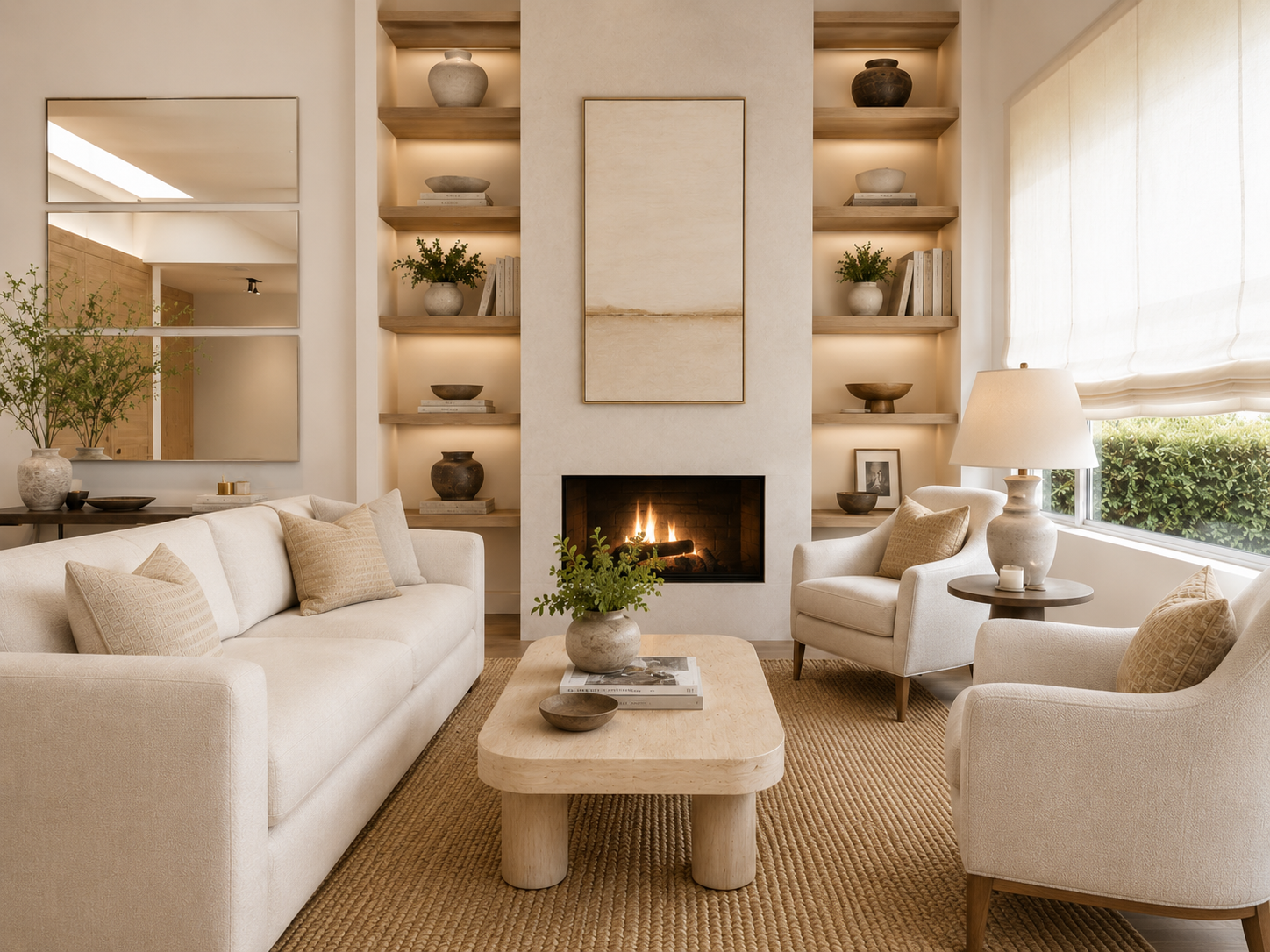 This living room design creates a calm, layered gathering space with a centered fireplace, custom built-in wood shelves, warm integrated lighting, soft cream seating, textured rugs, and natural wood accents. The palette keeps the room bright and time