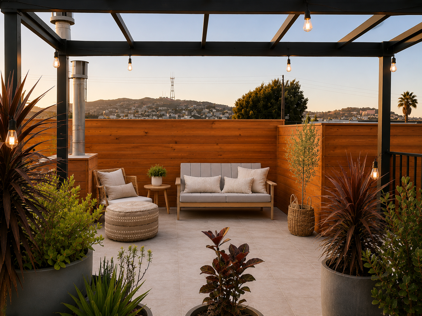This San Francisco roof deck design transforms an outdoor terrace into a warm, livable extension of the home. A black pergola, wood privacy fencing, layered planters, string lights, and relaxed lounge seating create a comfortable outdoor space with v
