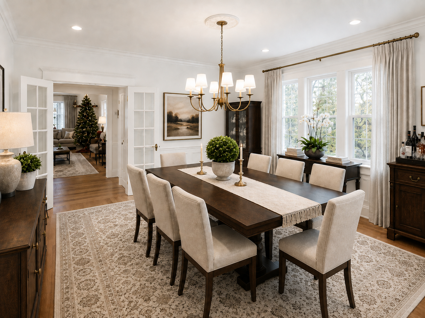 Elegant dining room featuring a dark wood dining table, upholstered chairs, custom casework, brass chandelier, and large windows with soft linen drapery.