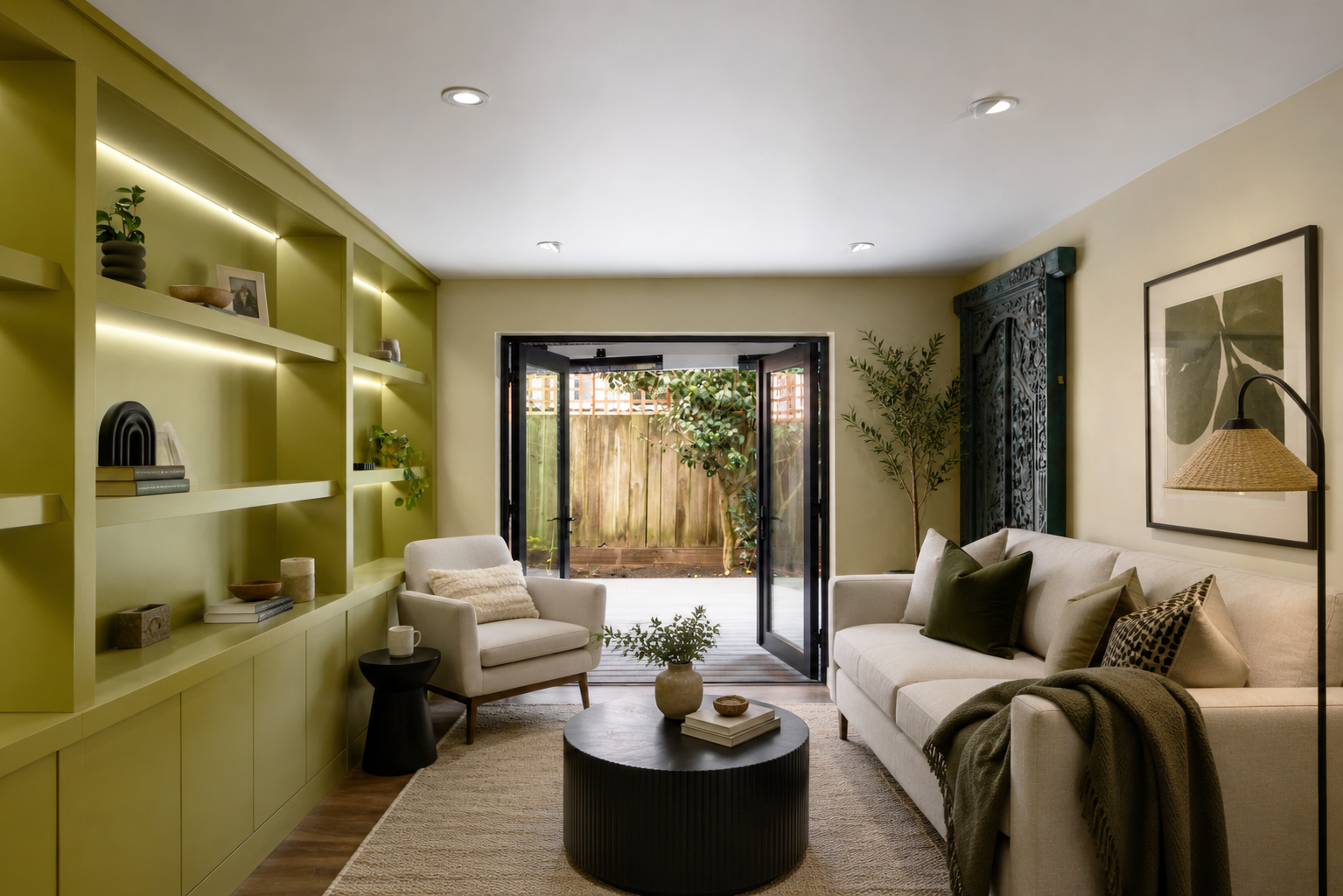 Living room with cream sofa and armchair, black coffee table with decor, green shelves with decorative items, open double glass doors leading to backyard, potted plants, framed artwork on wall, floor lamp with woven shade, beige walls and ceiling, textured rug.