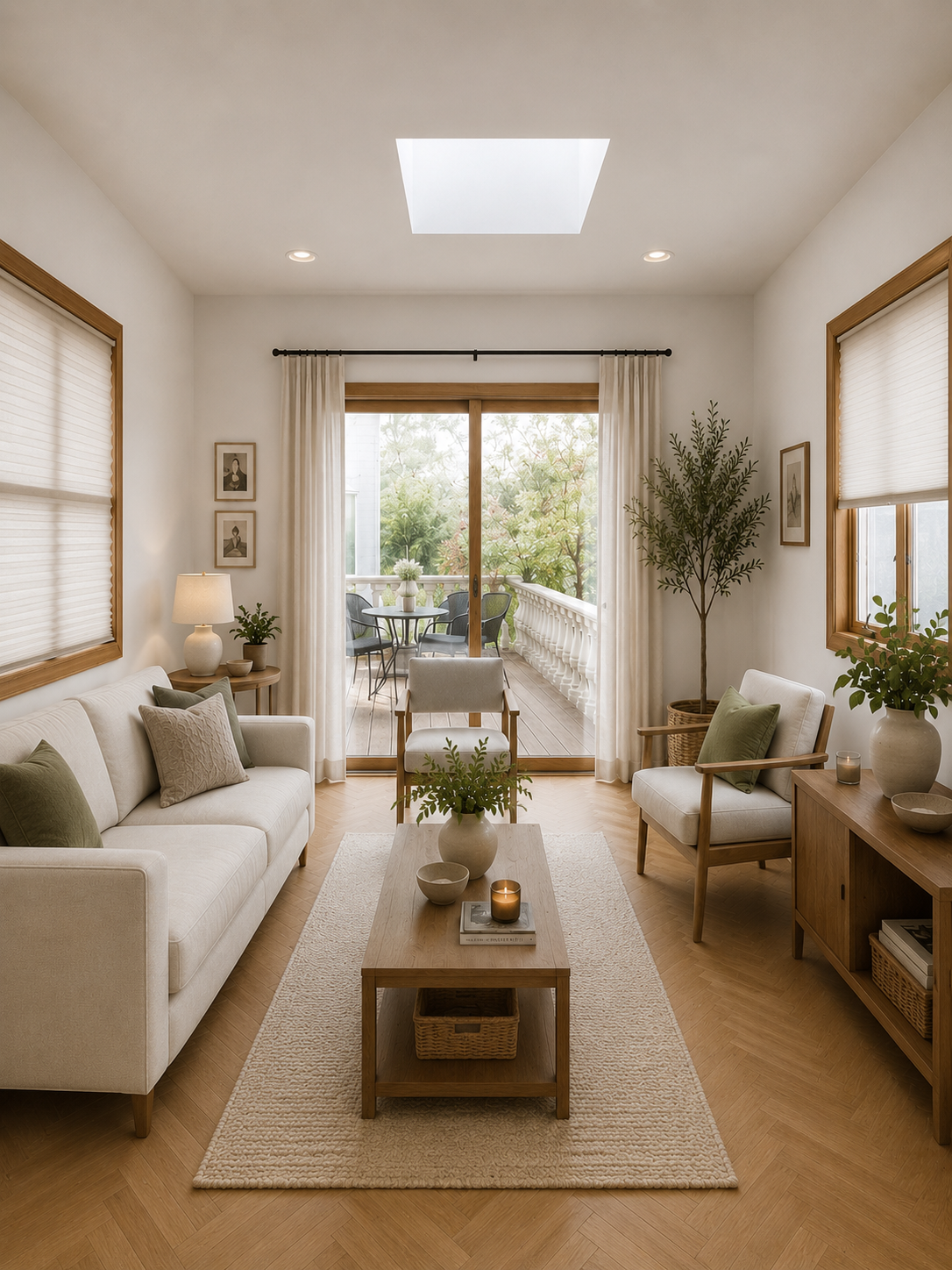This thoughtfully designed living room blends timeless architecture with warm contemporary interiors. Natural oak accents, herringbone wood flooring, layered textures, and abundant natural light create a calm and inviting environment. Large sliding g