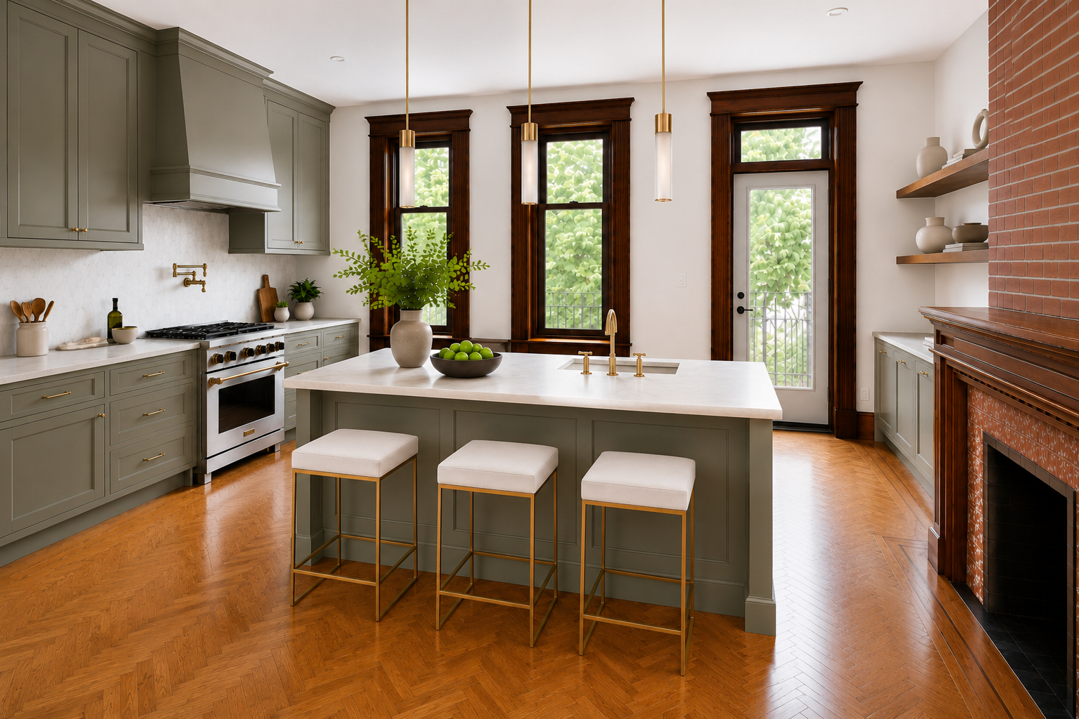 Modern kitchen with light green cabinets, white countertops, and a central island with a potted plant and bowl of green apples. Features three tall windows with dark wood trim, a glass door to a balcony, and a white wall with floating shelves holding white and gray vases. A brick fireplace is on the right side of the room. Wooden flooring adds warmth to the space.