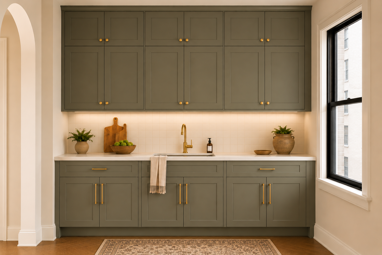 This Brooklyn kitchen renovation blends timeless craftsmanship with contemporary functionality. Custom painted cabinetry extends to the ceiling, maximizing storage while creating a tailored architectural presence. Integrated appliances, warm brass ha