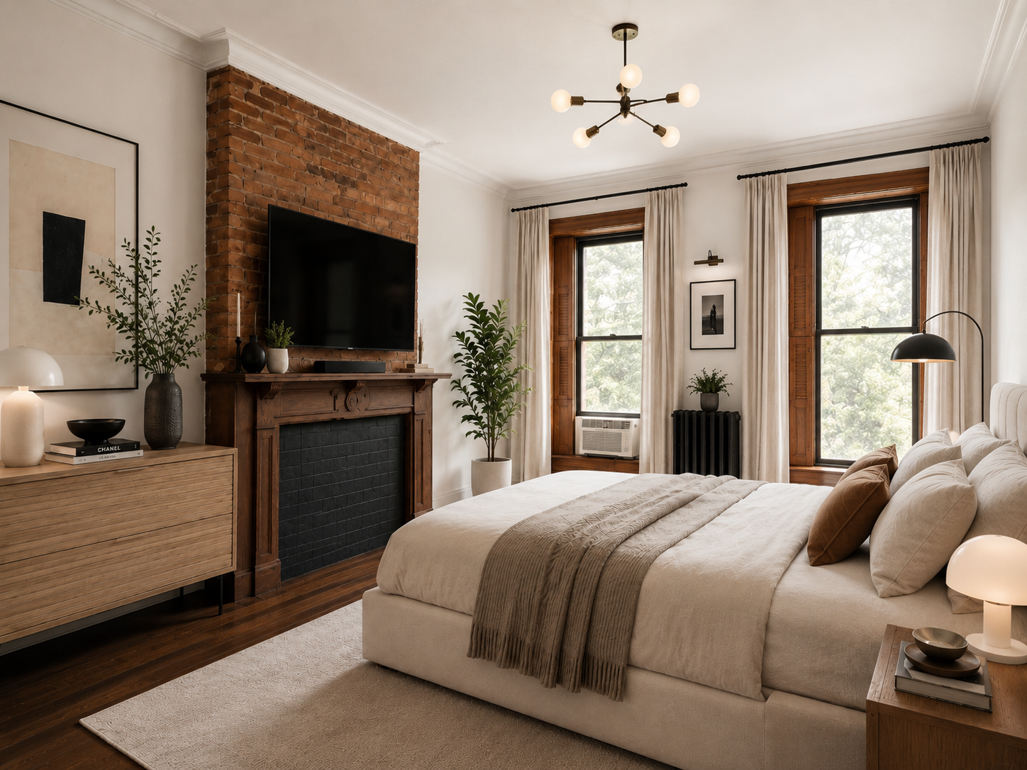 A warm NYC Brooklyn bedroom renovation by From David Designs featuring an exposed brick fireplace, restored wood trim, layered neutral textiles, modern lighting, and a refined transitional interior aesthetic.