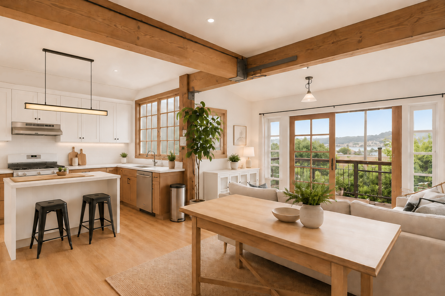 Open-concept living room and kitchen with large windows and balcony, wooden accents, white walls and furniture, and green plants.