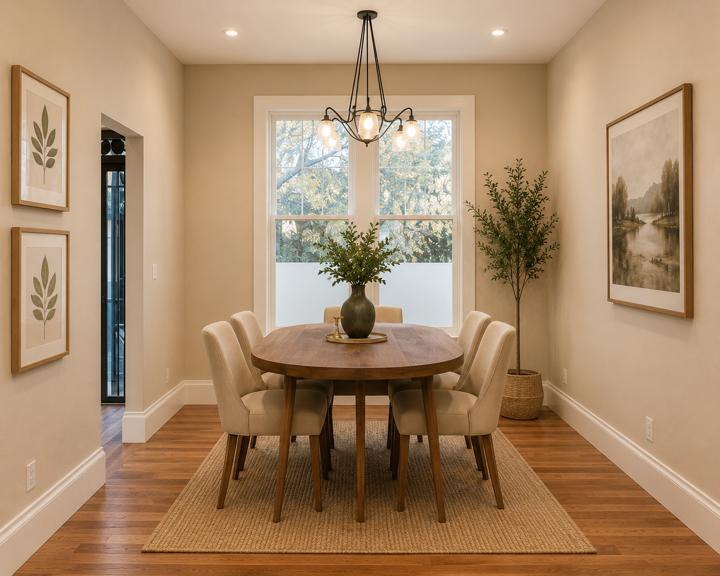 This renovation features a warm modern living and dining room with walnut furnishings, neutral upholstery, natural fiber rugs, and curated lighting. Designed by From David Designs, the space emphasizes timeless interiors, comfortable living, and refi