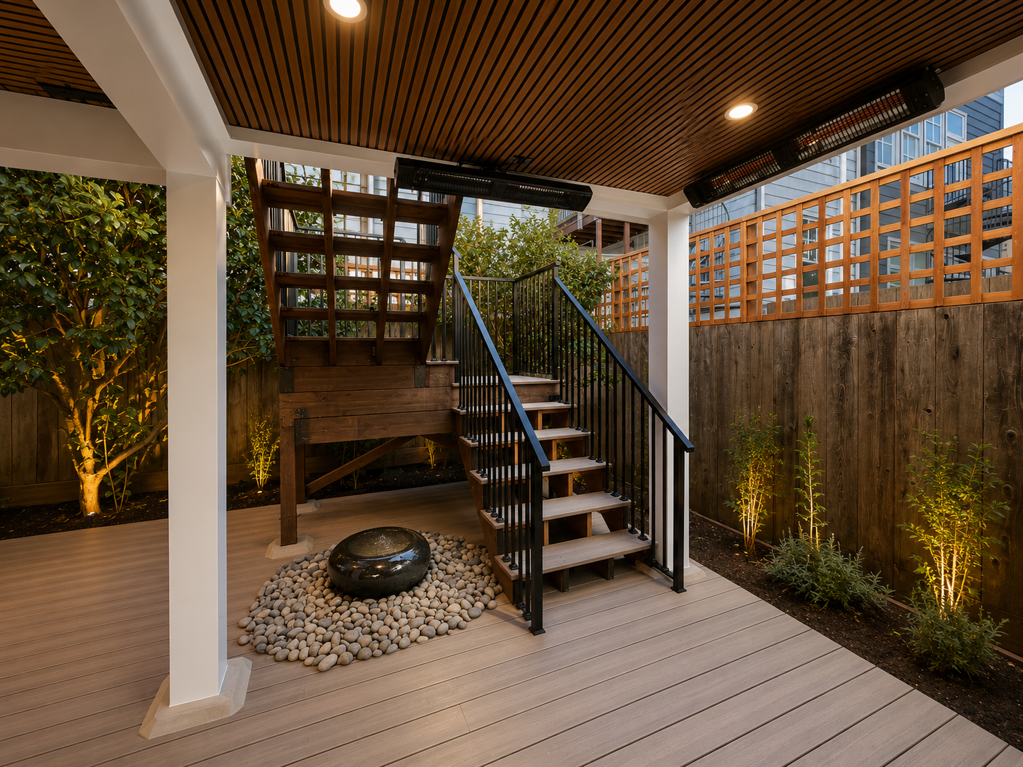 A San Francisco home renovation featuring a custom rear yard deck, landscaped garden, and new staircase that seamlessly connects the basement to the outdoors.