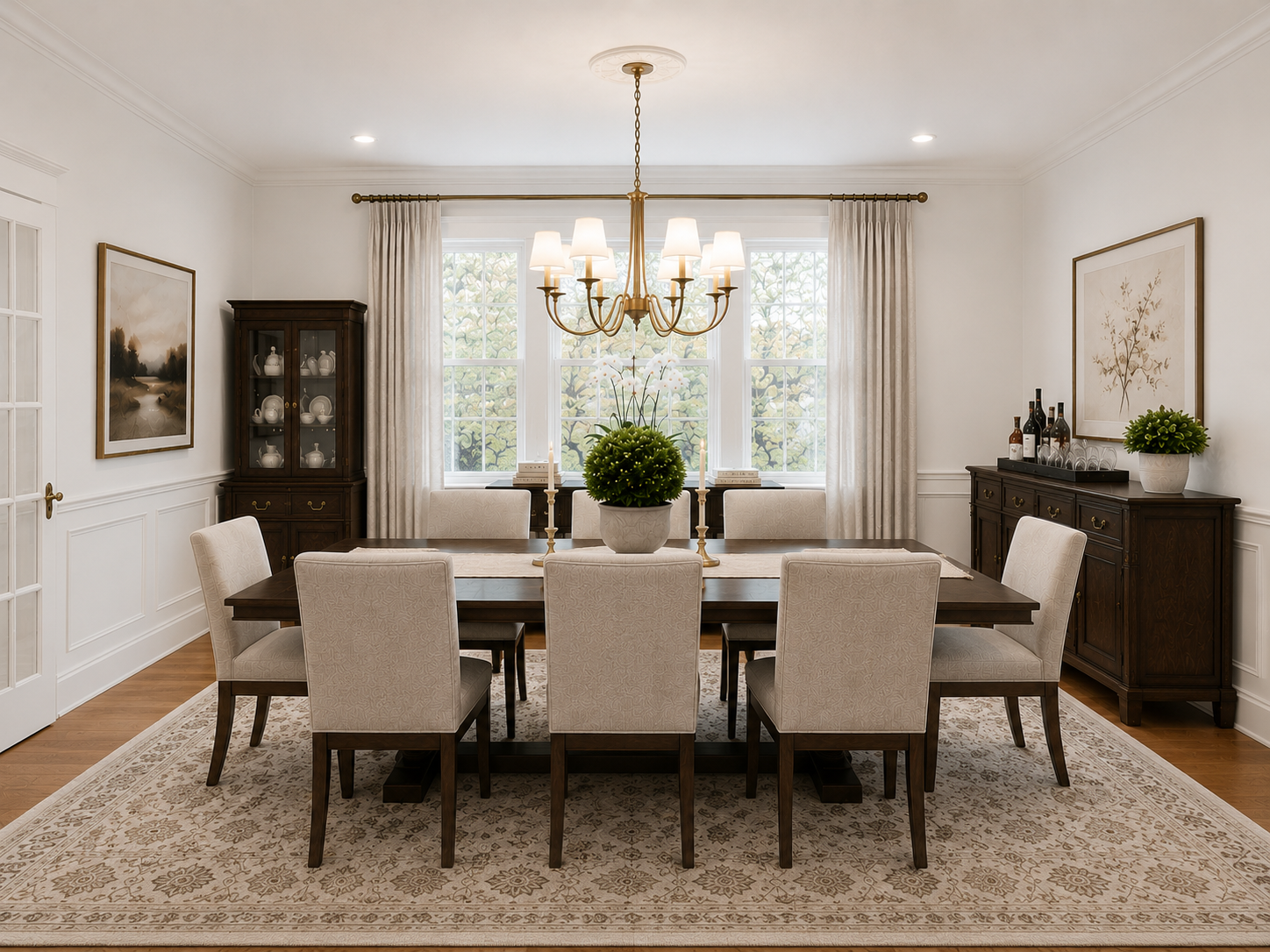 Elegant dining room featuring a dark wood dining table, upholstered chairs, custom casework, brass chandelier, and large windows with soft linen drapery.