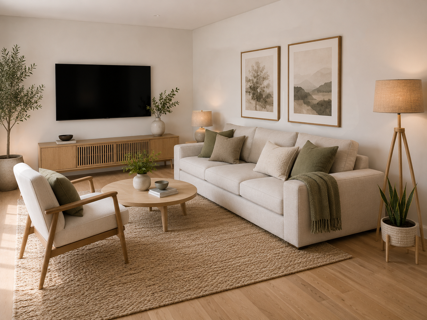 This Brooklyn condo living room renovation embraces a warm minimalist aesthetic with light oak flooring, custom slatted media cabinetry, neutral furnishings, and expansive black-framed windows. Designed by From David Designs, the space balances comfo
