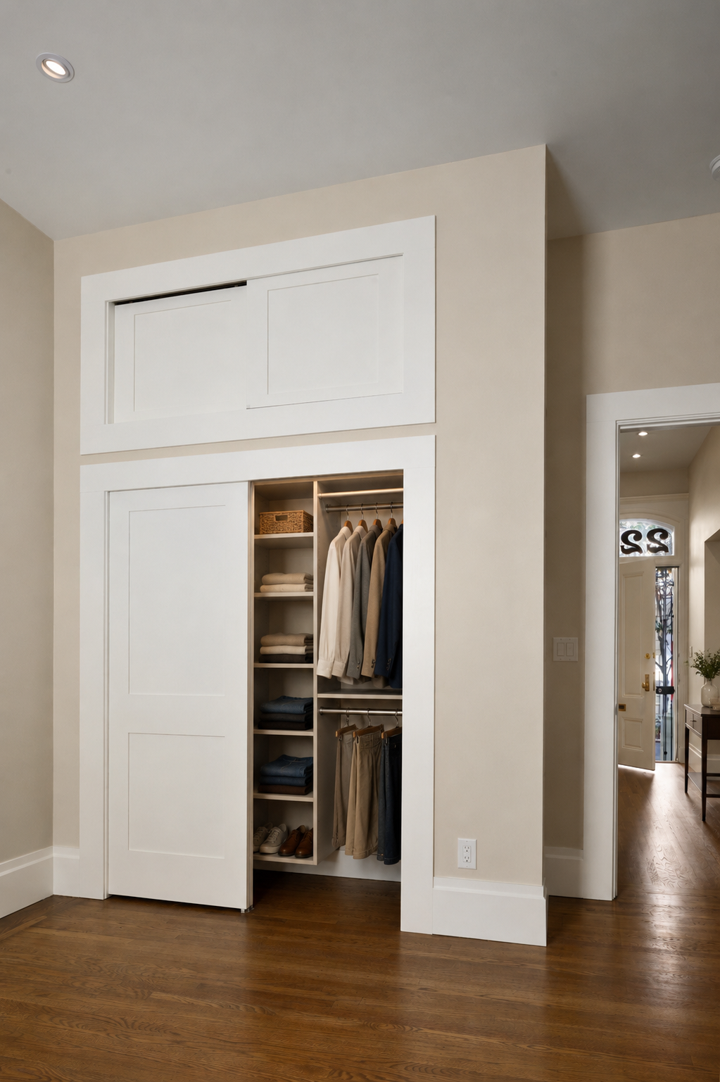 Designed to maximize functionality within a compact footprint, this custom built-in closet combines sliding shaker-style doors, integrated shelving, hanging storage, and overhead cabinetry for efficient organization. Thoughtful millwork detailing and