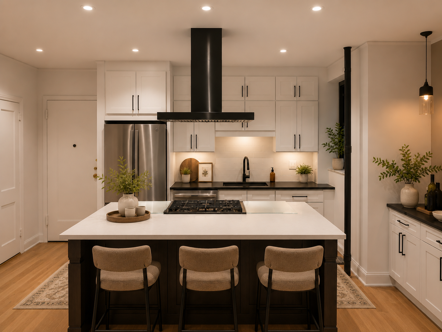 Modern kitchen with white cabinets, black countertops, stainless steel refrigerator, black range hood, and a center island with a white countertop and beige chairs.
