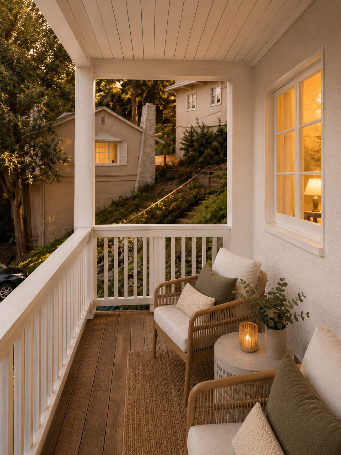 Cozy balcony with wooden floor, white railing, potted plant, candles, and outdoor seating, overlooking neighboring houses and trees at sunset.