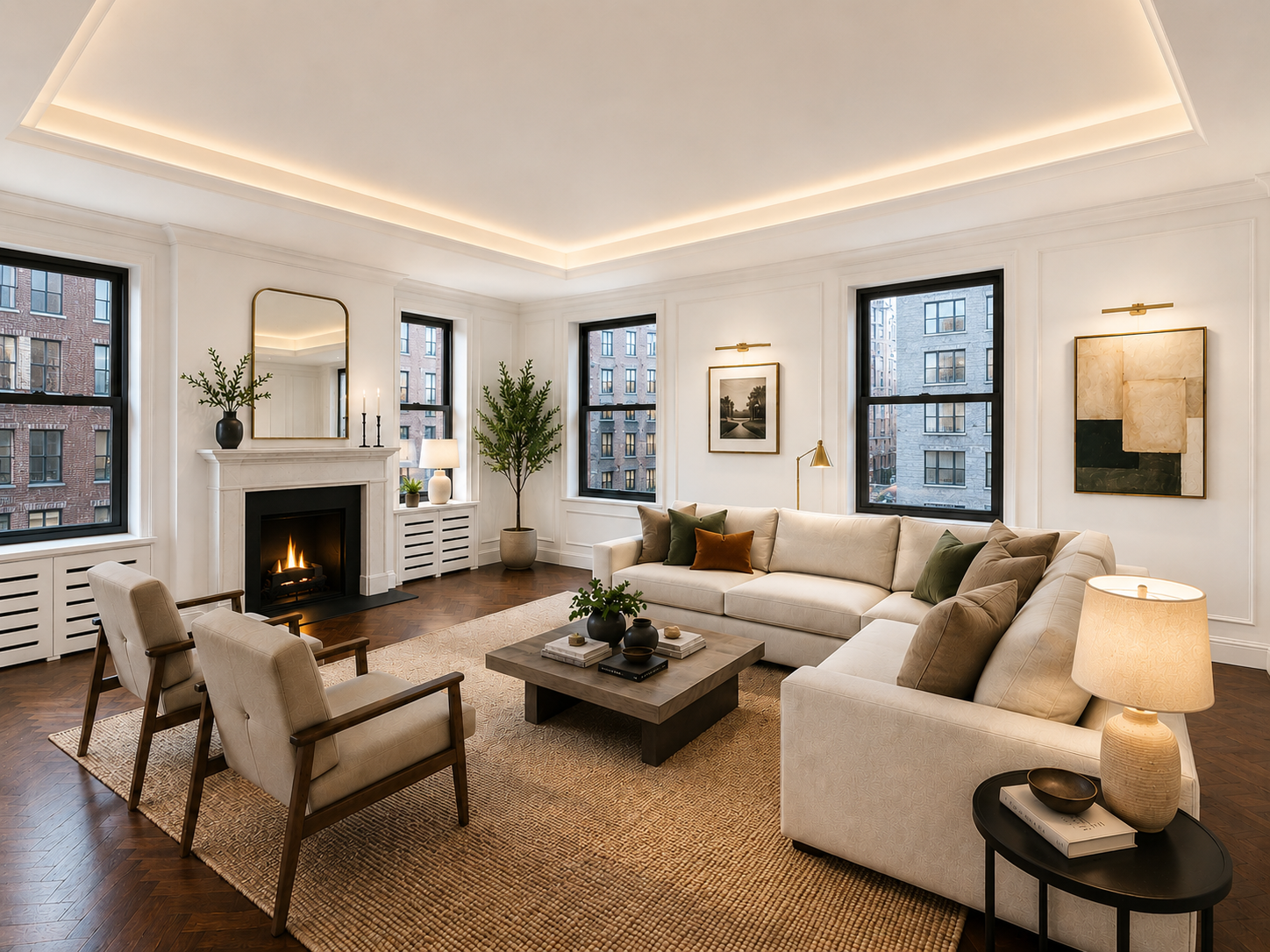Elegant living room with white walls, large windows, a fireplace, and modern artwork. Contains a large cream-colored sectional sofa, armchairs, coffee table, and various decorative pillows. Warm lighting and houseplants complete the cozy ambiance.