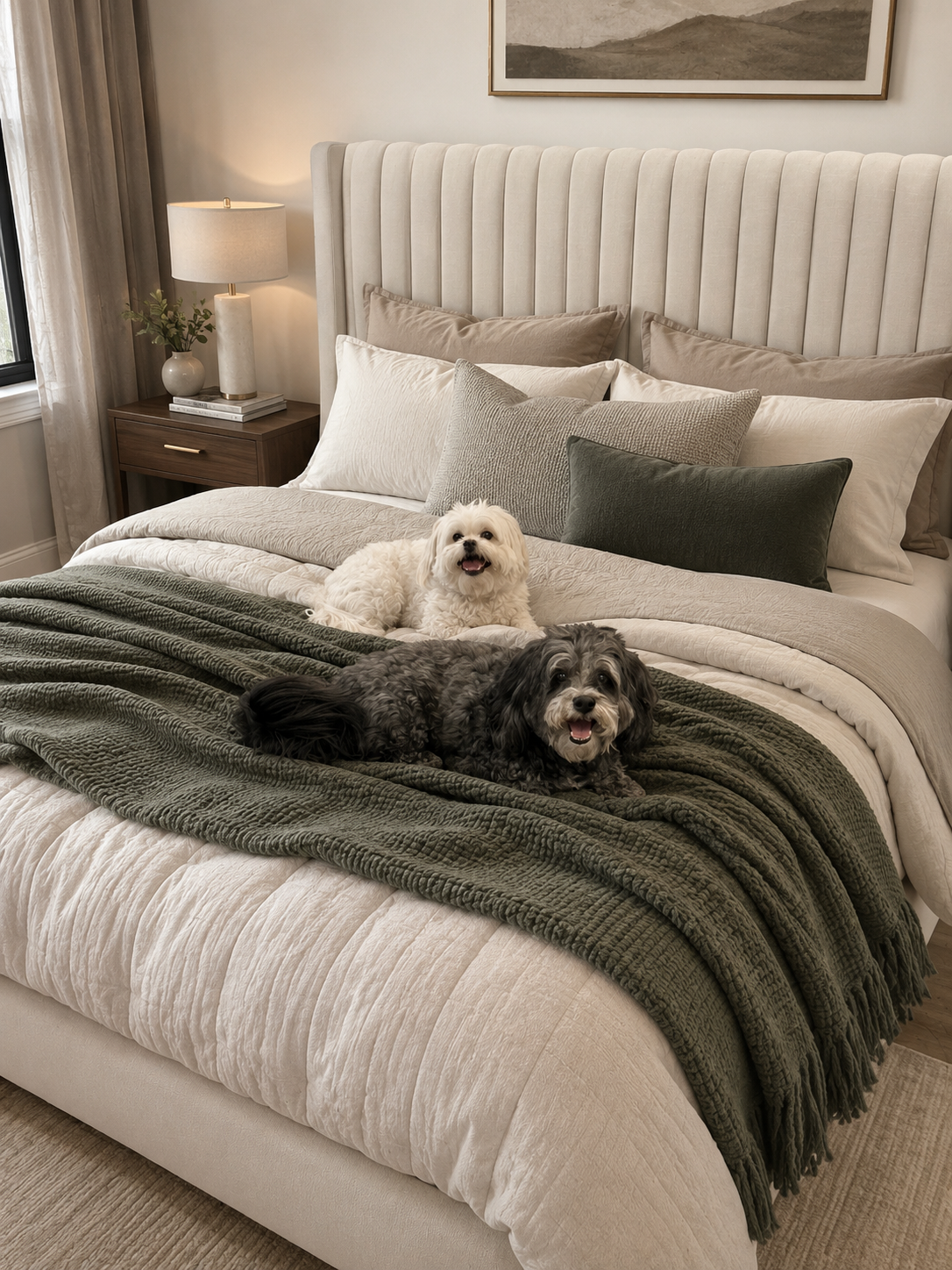 Two dogs resting on a neatly made bed in a cozy bedroom. One small white dog and one slightly larger black and gray dog both appear happy.