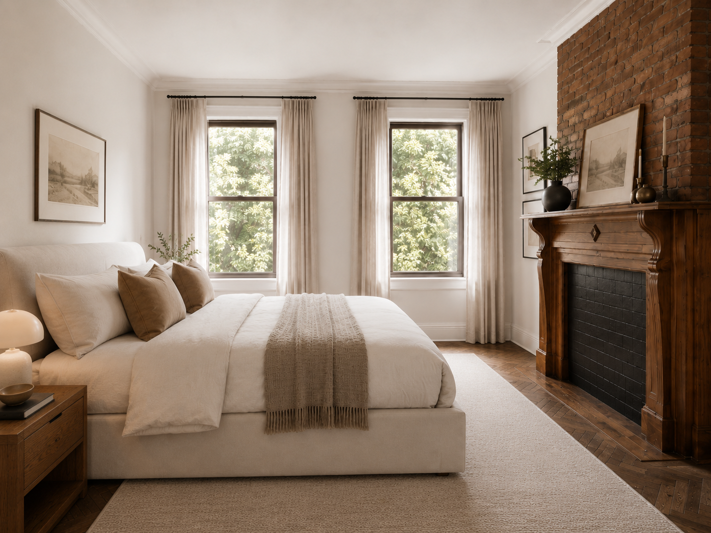 A serene NYC Brooklyn bedroom by From David Designs featuring an exposed brick fireplace, restored wood mantel, layered neutral bedding, soft window treatments, herringbone floors, and a warm transitional interior aesthetic.