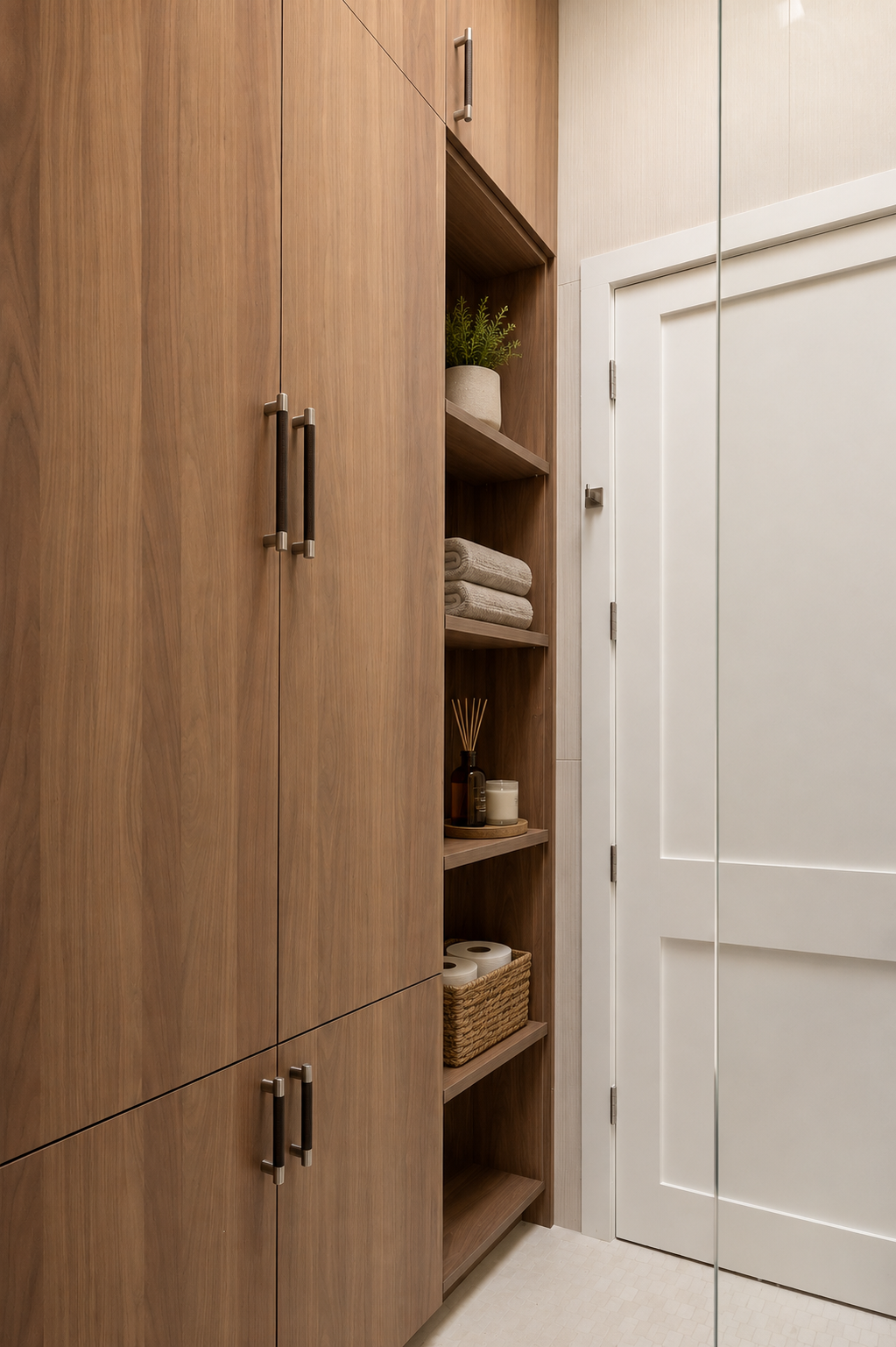 This custom bathroom storage solution features floor-to-ceiling walnut cabinetry, integrated open shelving, and carefully curated accessories to create a functional yet refined space. Warm wood grain, minimalist detailing, and concealed storage eleva