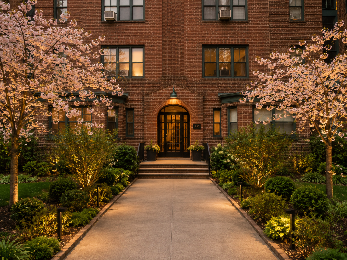 This Brooklyn residential renovation reimagines the building entrance with new architectural lighting, enhanced landscaping, and a refined entry sequence. Framed by mature hydrangeas, brick detailing, and contemporary black metal accents, the design 