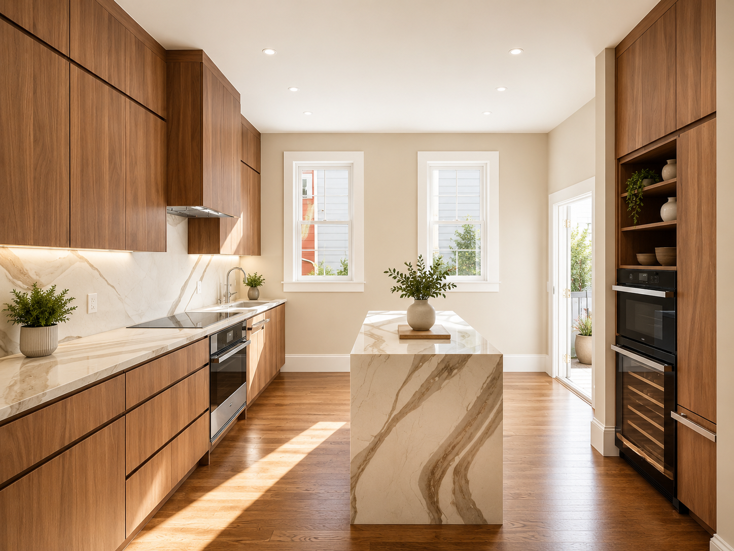 Bright modern kitchen with wooden cabinets, marble countertops, and an island with a potted plant. Two windows and a door lead to an outdoor space, with additional potted plants visible outside.