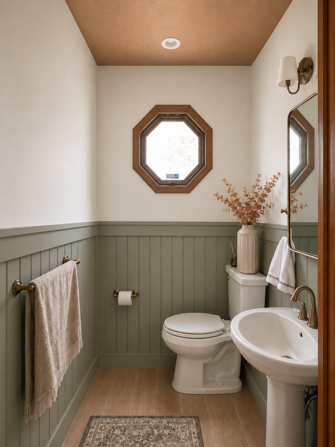 This thoughtfully designed powder room combines classic architectural detailing with warm transitional design. Sage green wainscoting wraps the space below crisp white walls, while an octagonal wood-trimmed window creates a distinctive focal point. B