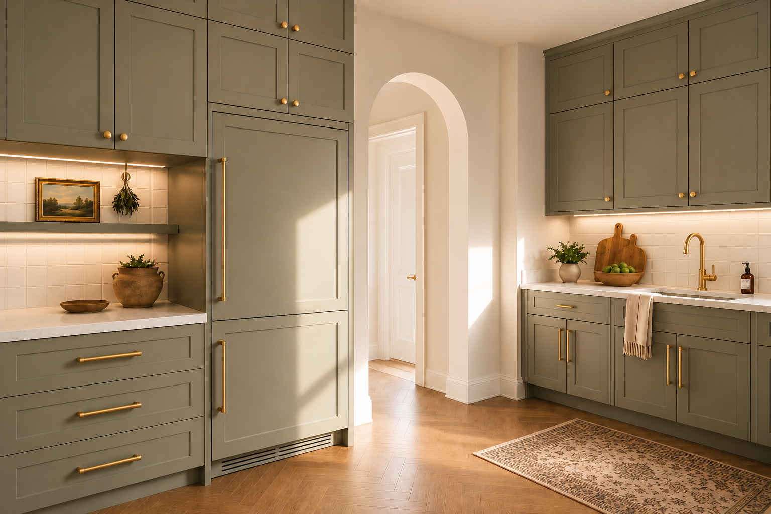 This Brooklyn kitchen renovation blends timeless craftsmanship with contemporary functionality. Custom painted cabinetry extends to the ceiling, maximizing storage while creating a tailored architectural presence. Integrated appliances, warm brass ha