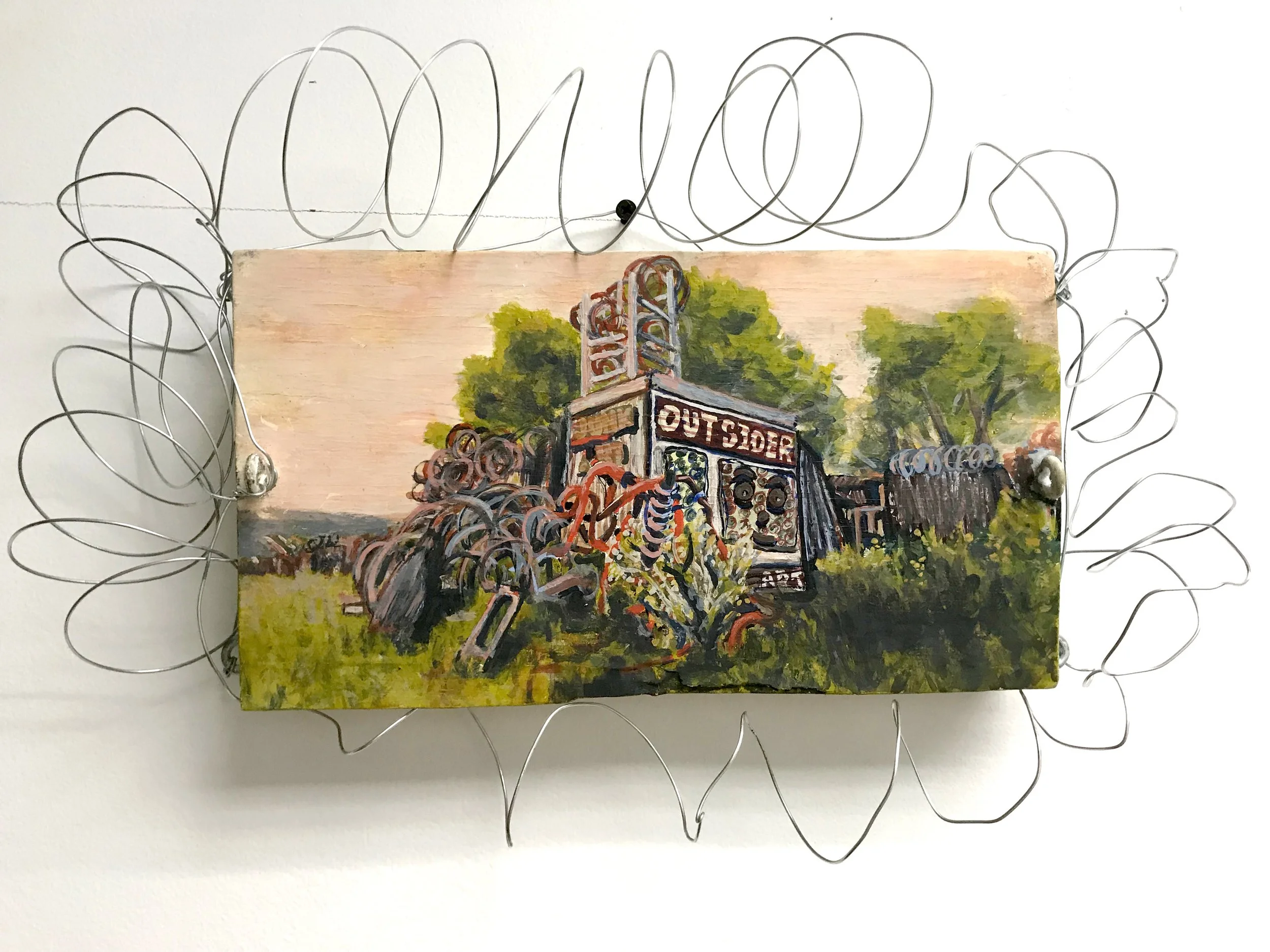 Outsider Art, 2018, egg tempera and steel wire on wood 5" x 9"