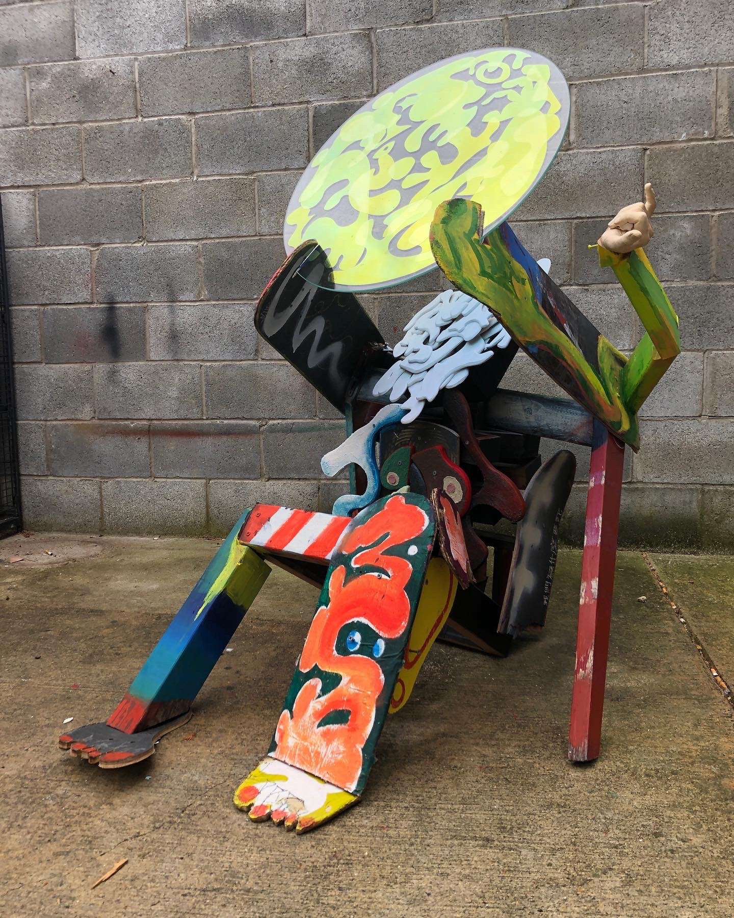 Street Boy, 2023, wood, glass, dichroic film, cast plastic, found objects