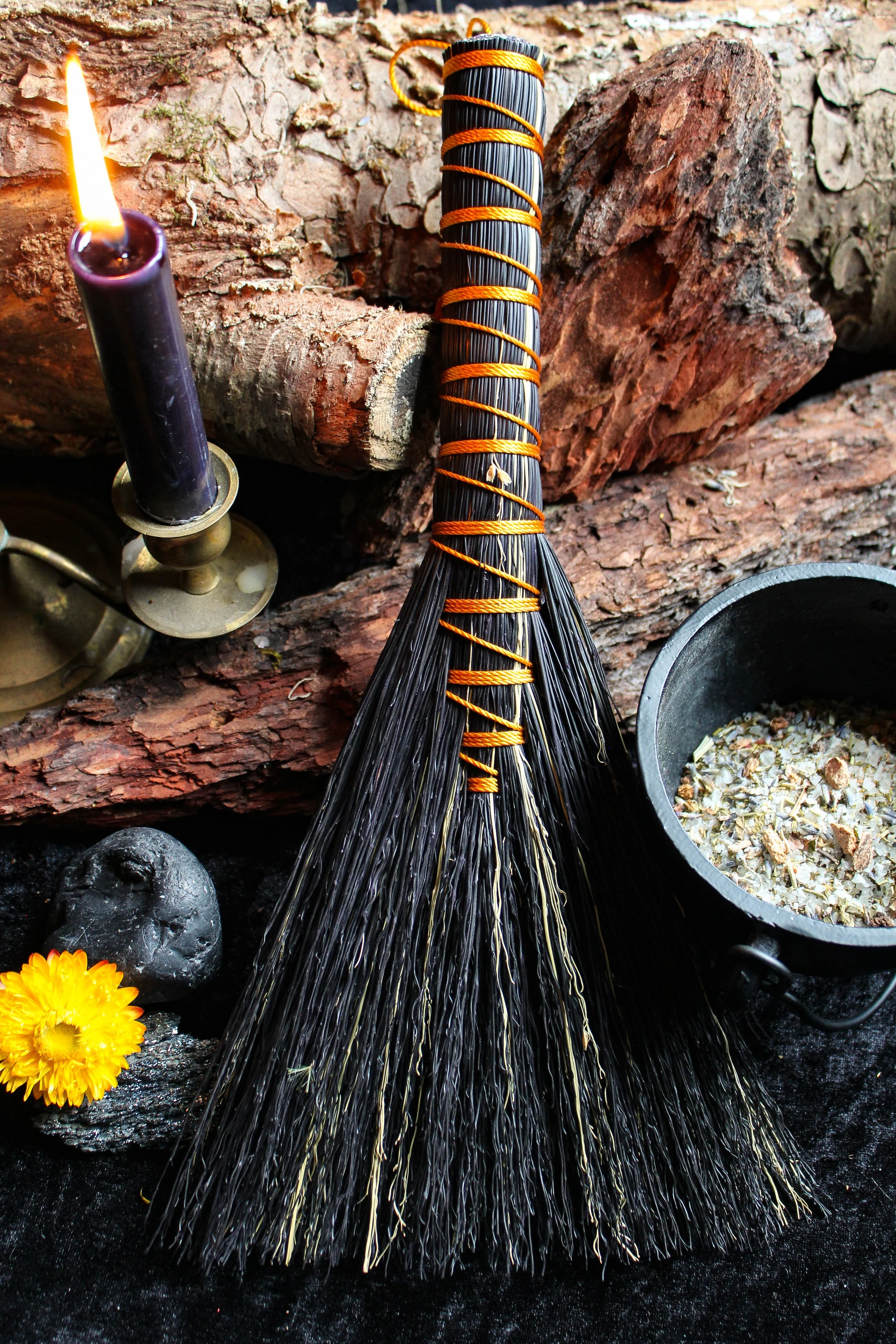 Reflower Ritual Black and Natural Streaked Gold Broom — Reflower Ritual