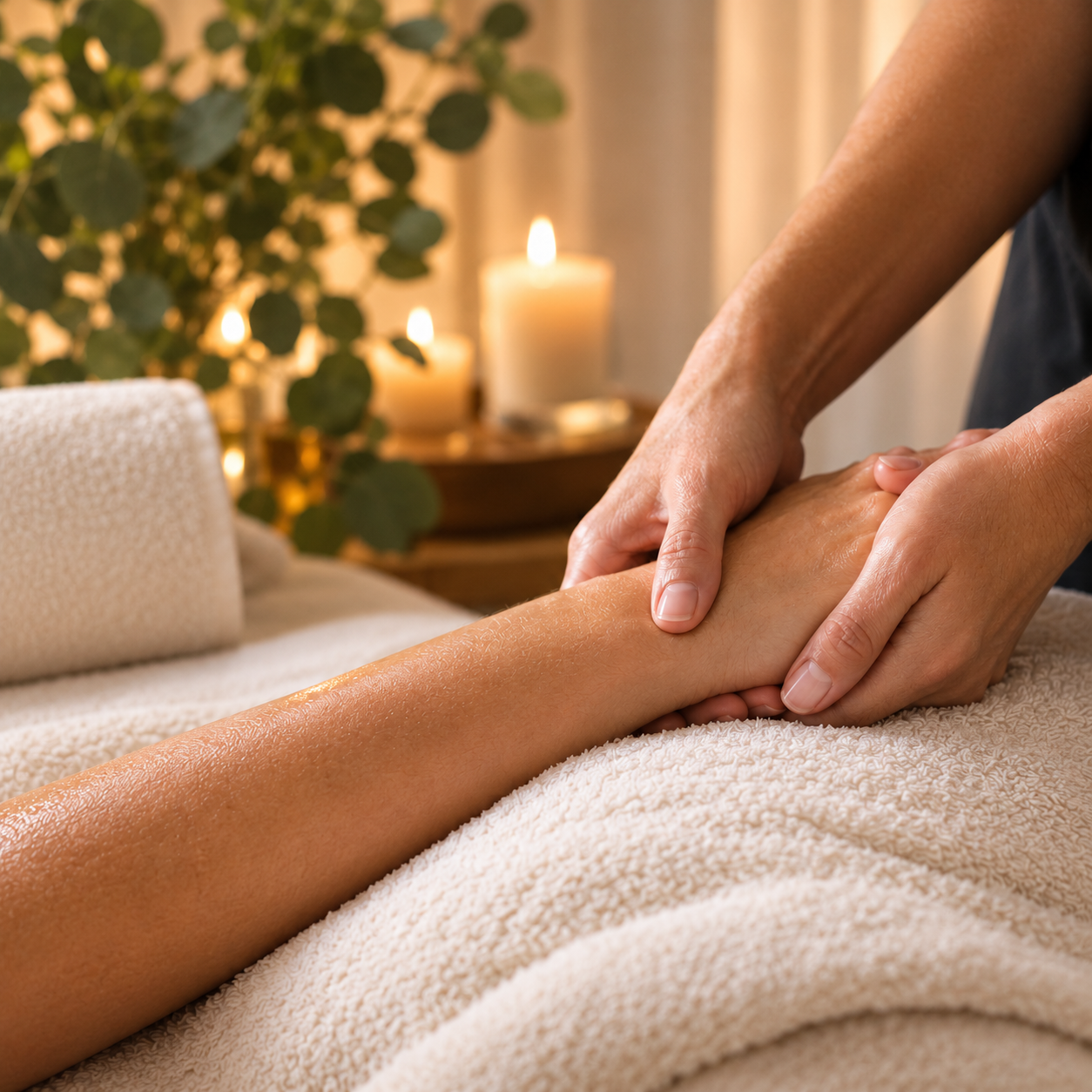 Close-up of a relaxing massage focused on the forearm and hand, with a therapist gently applying pressure in a warm, tranquil spa setting with soft towels, candles, and greenery.