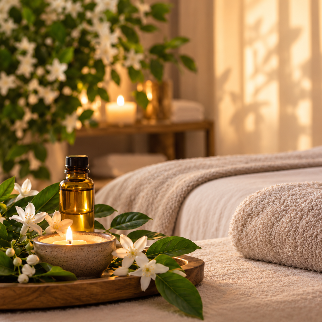 Warm, tranquil spa setting with a massage table, rolled towels, candles, an amber massage oil bottle, and fresh white flowers surrounded by greenery.