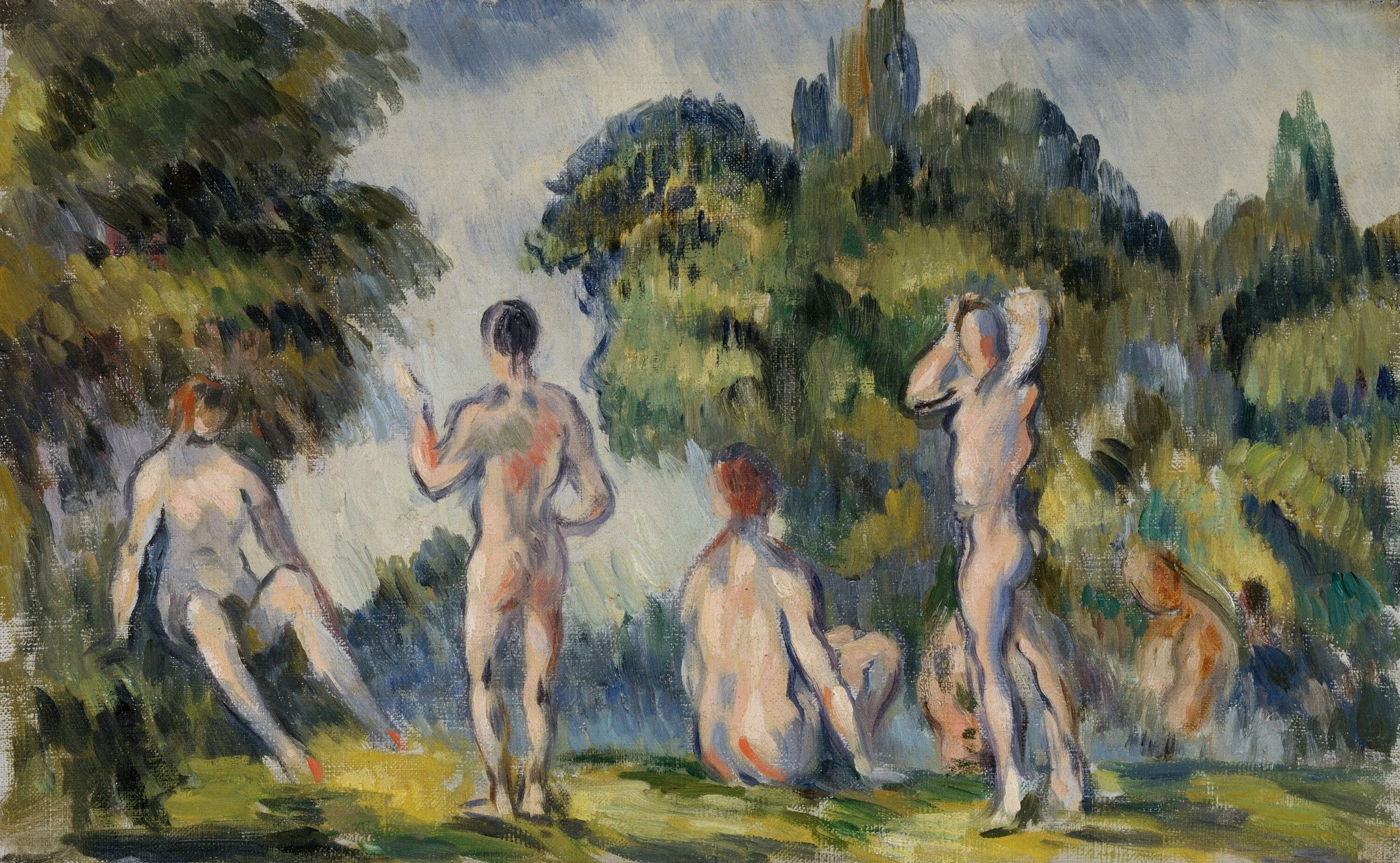 Five nude figures in a natural outdoor setting with trees and greenery, painted in an Impressionist style.