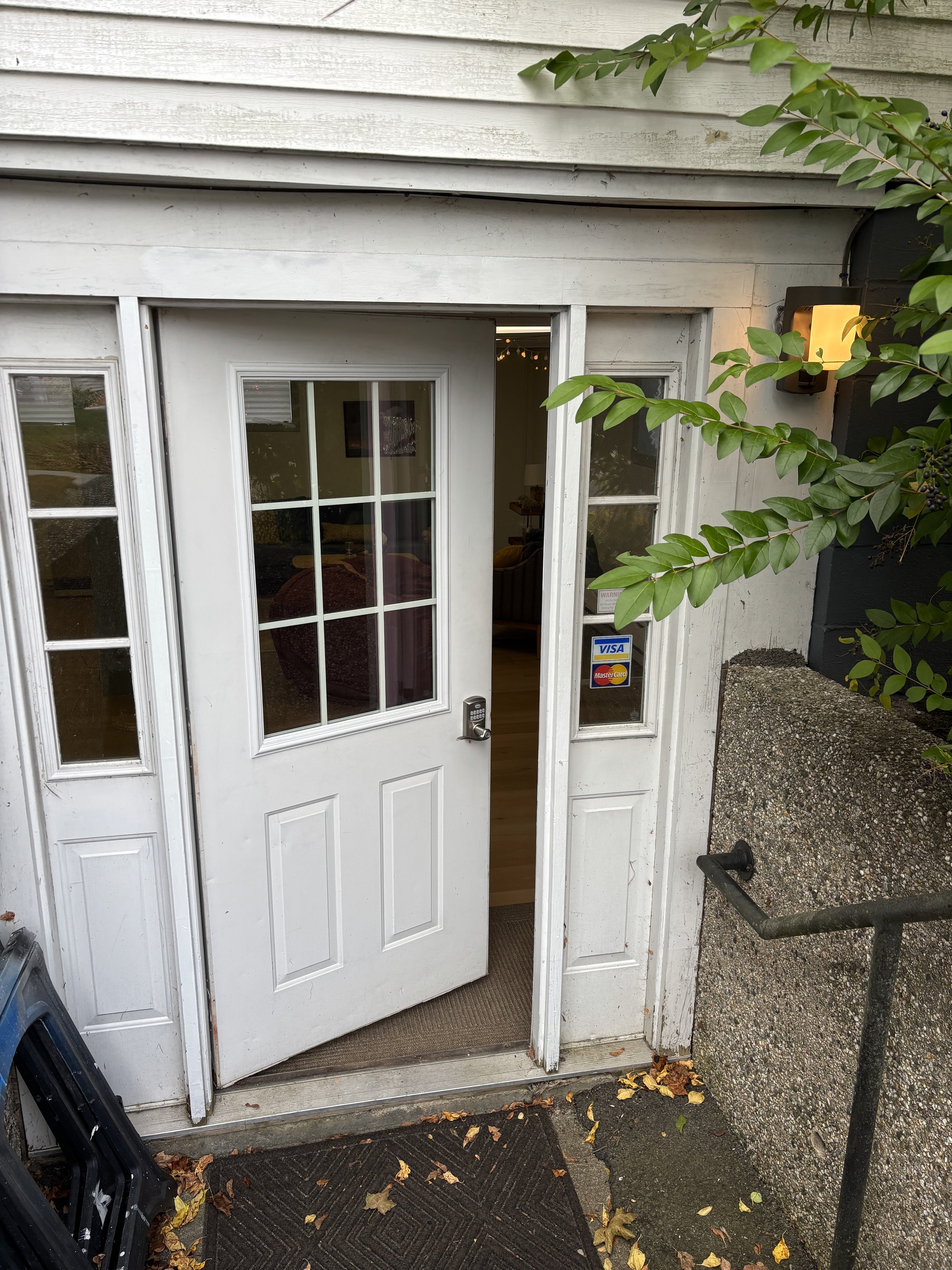 A white exterior door with glass panes leading into a room, adjacent to small windows, with a concrete wall and greenery outside, and a light fixture on the right side of the door.