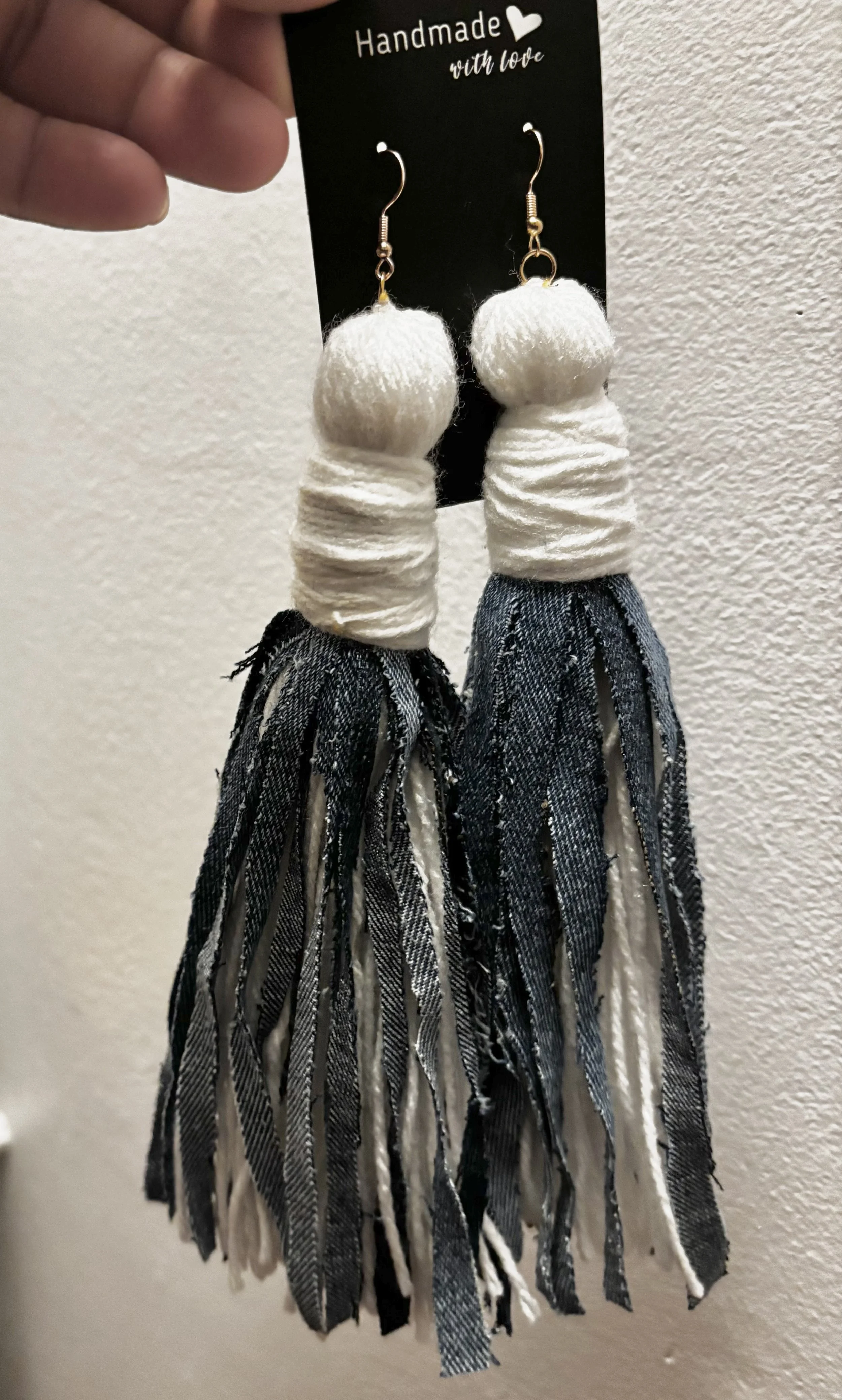 White and denim fringe tassel earrings