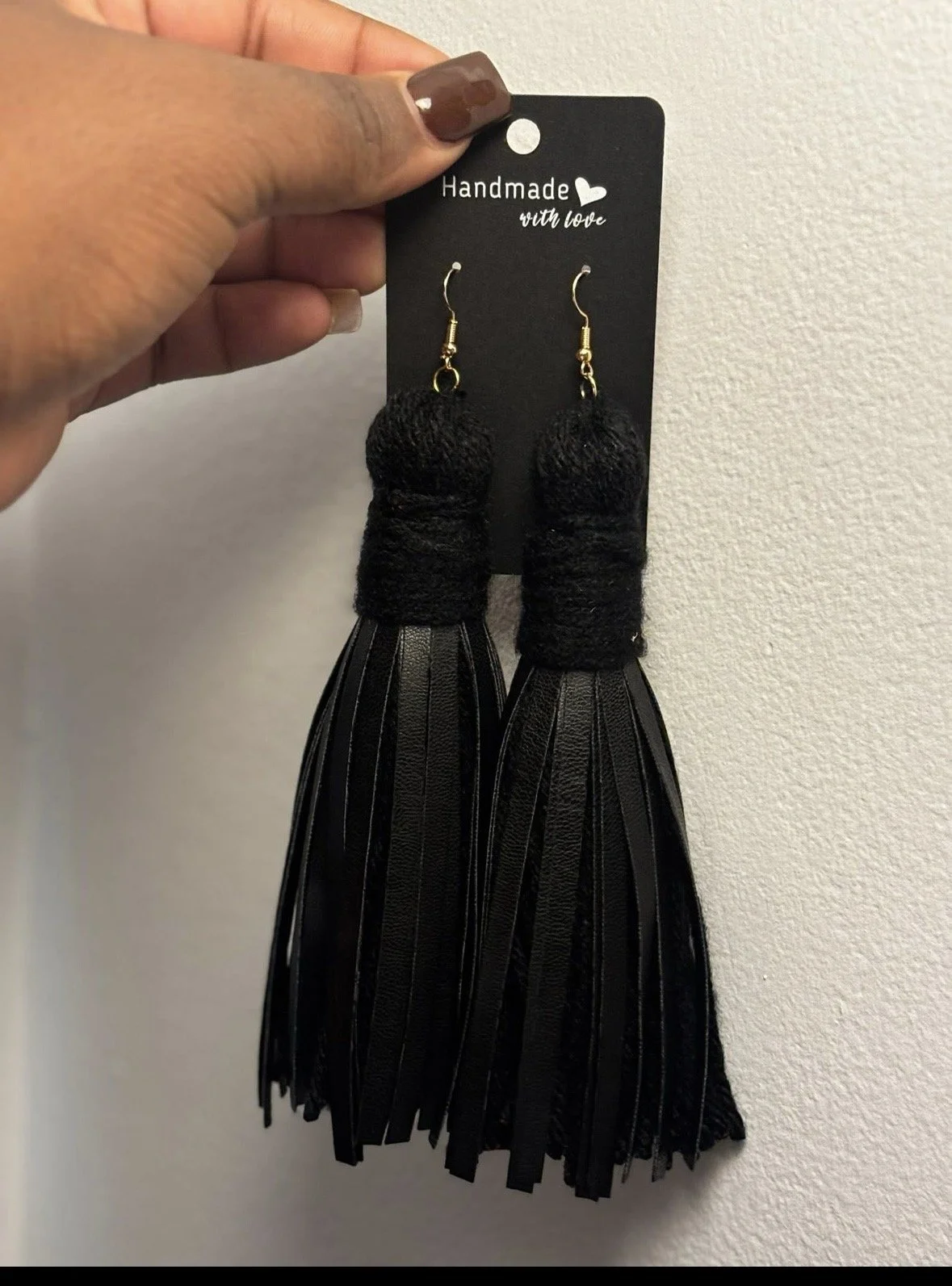 All black leather tassels earrings