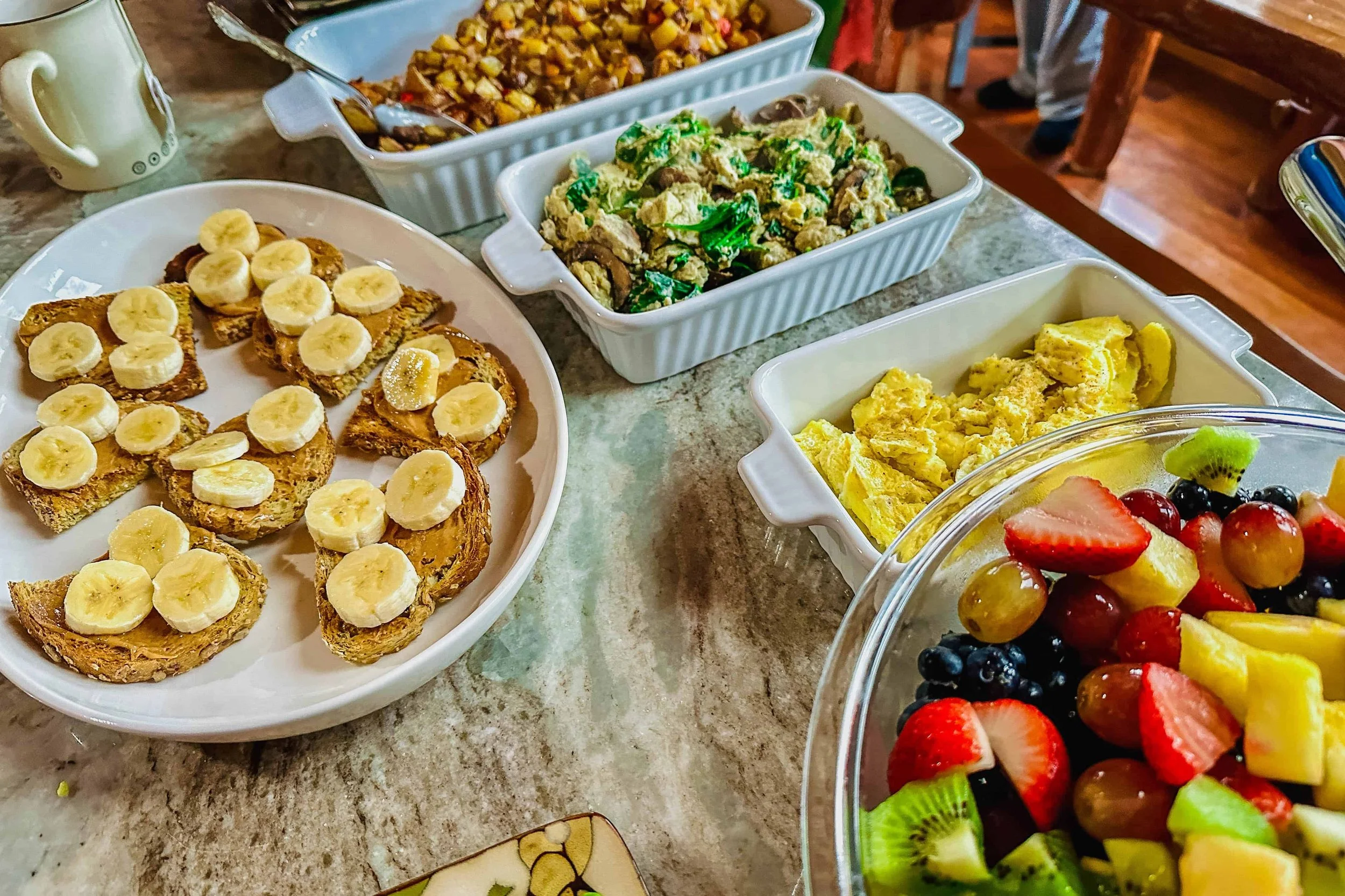 Plant-forward retreat catering breakfast spread for wellness gatherings