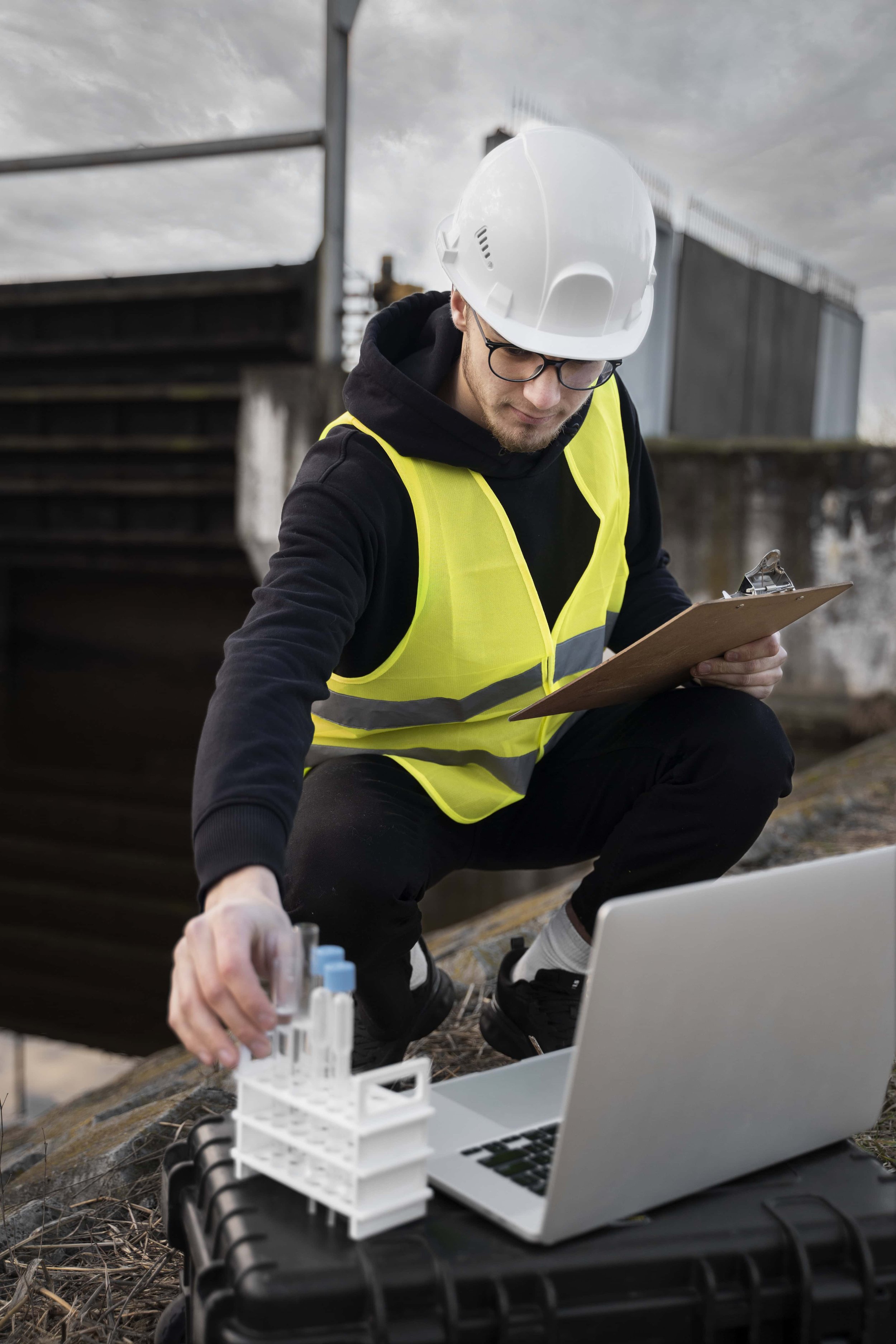 A male engineer wearing a white safety helmet, yellow high visibility vest, black hoodie, and glasses, crouching outdoors, examining test tubes in a rack while working on a laptop placed on a black case. There are railroad tracks and a bridge in the background, and the man is holding a clipboard.