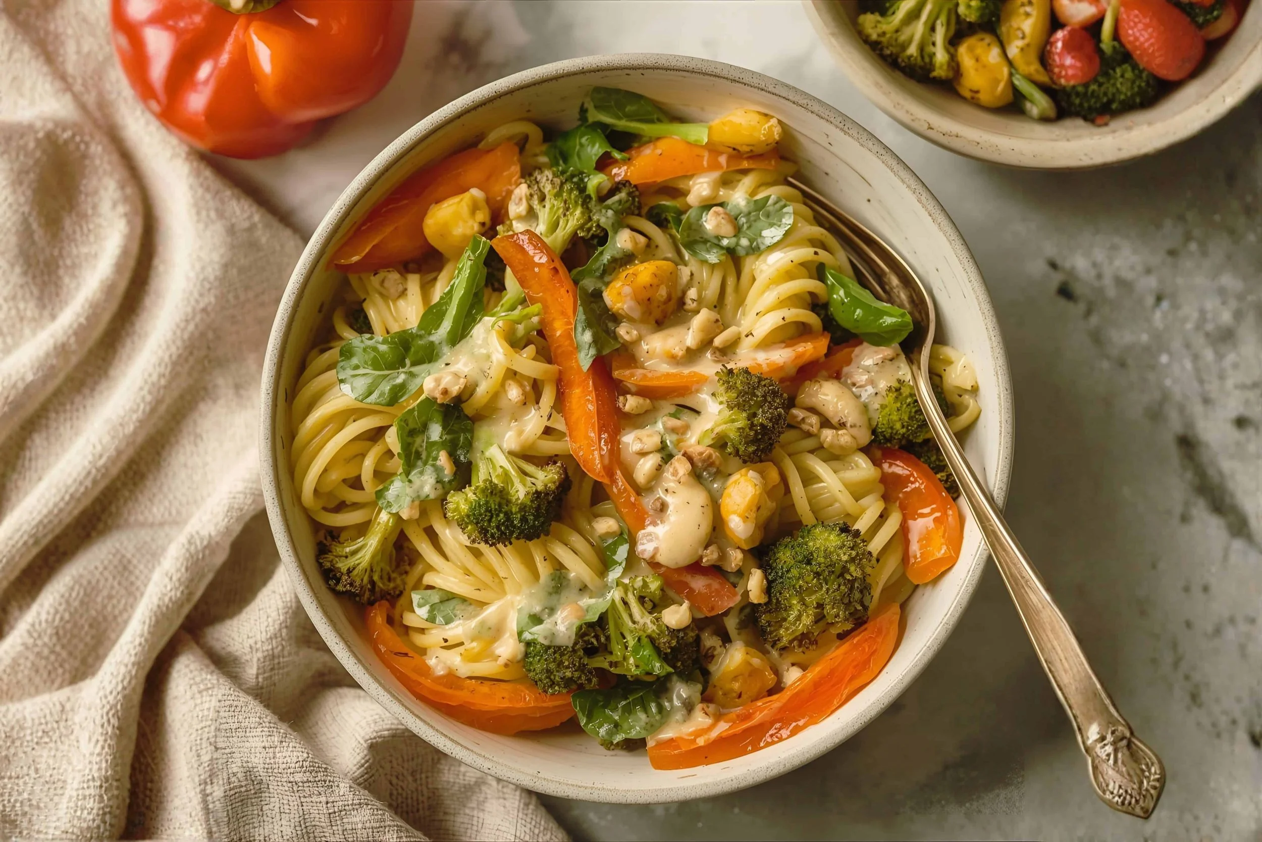 roasted vegetable pasta served as a grounding dinner at a wellness retreat